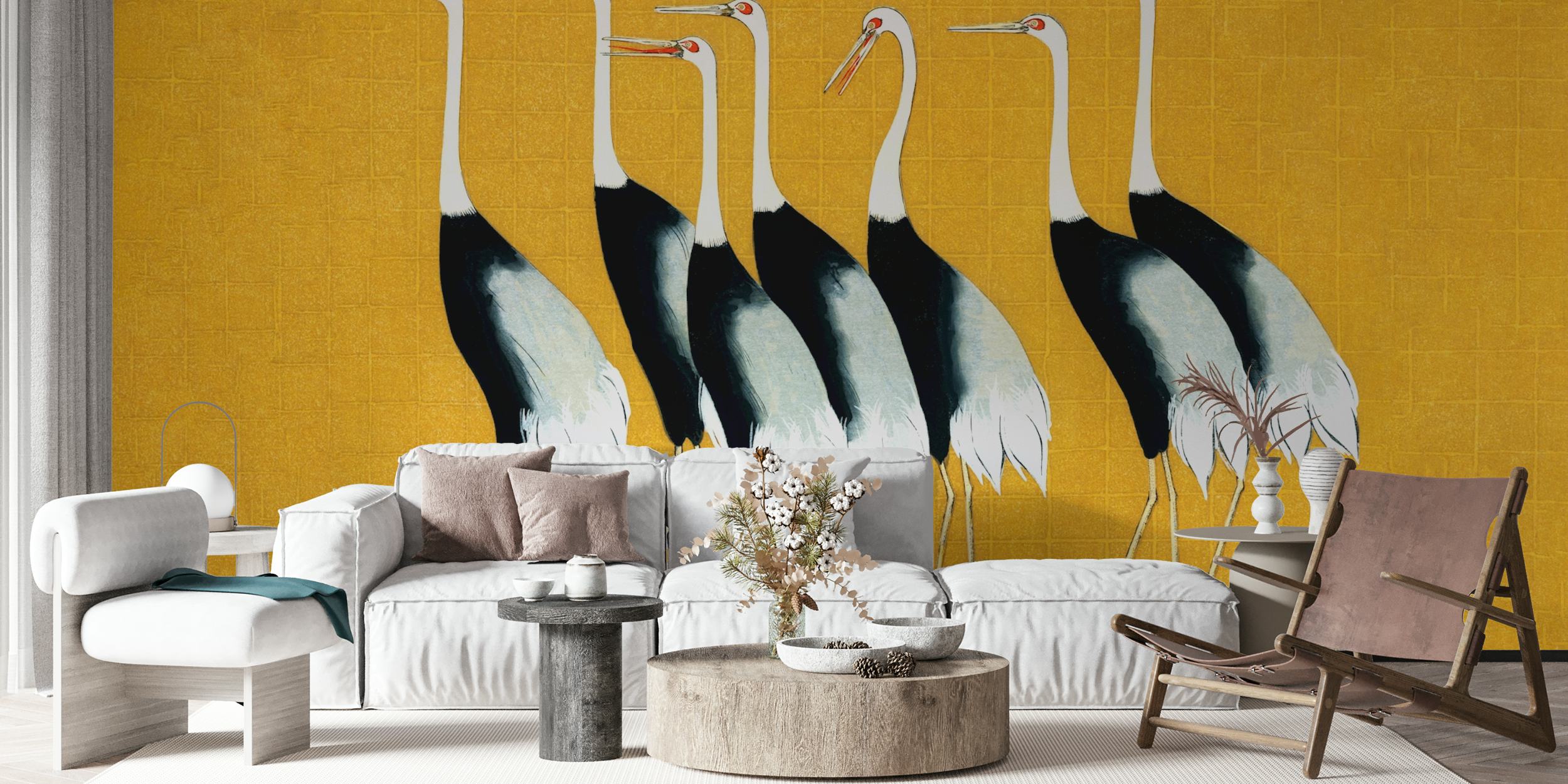 Japan Cranes on Mustard wallpaper in a room