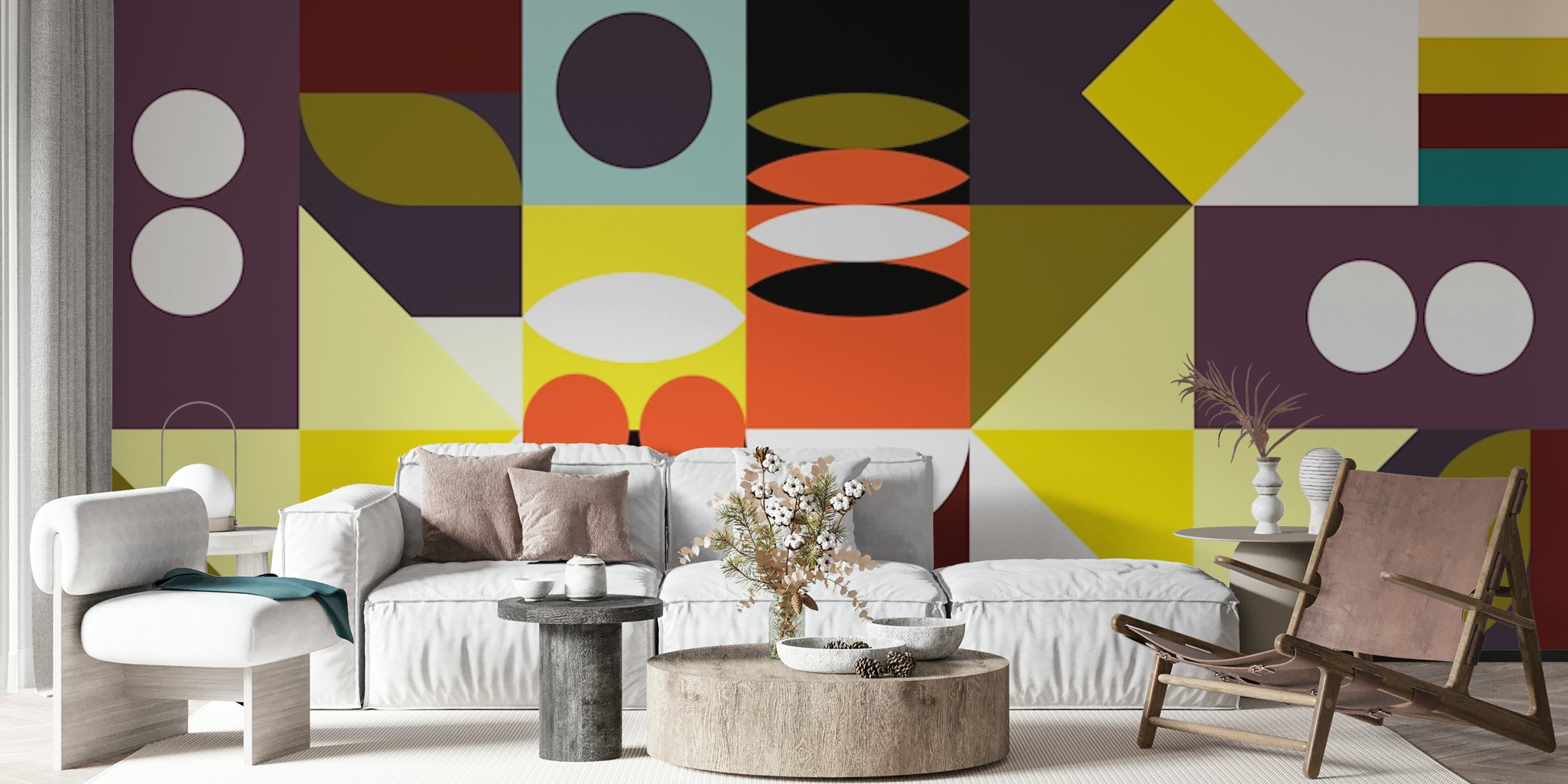 Abstrakti Bauhausin inspiroima seinämaalaus, jossa on geometrisia muotoja eloisissa ja maanläheisissä sävyissä
