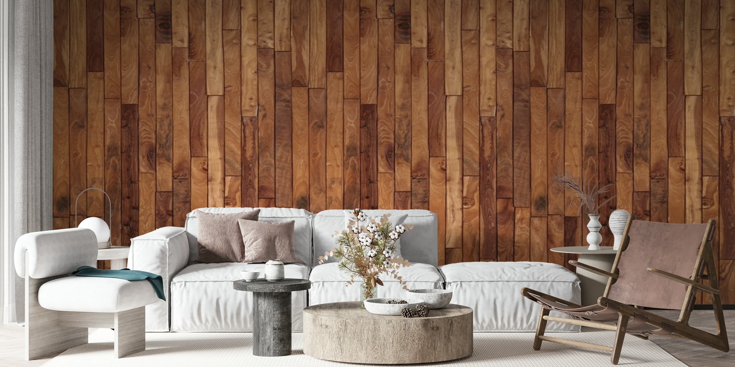 Rustic wooden plank wallpaper in various brown hues, textured design