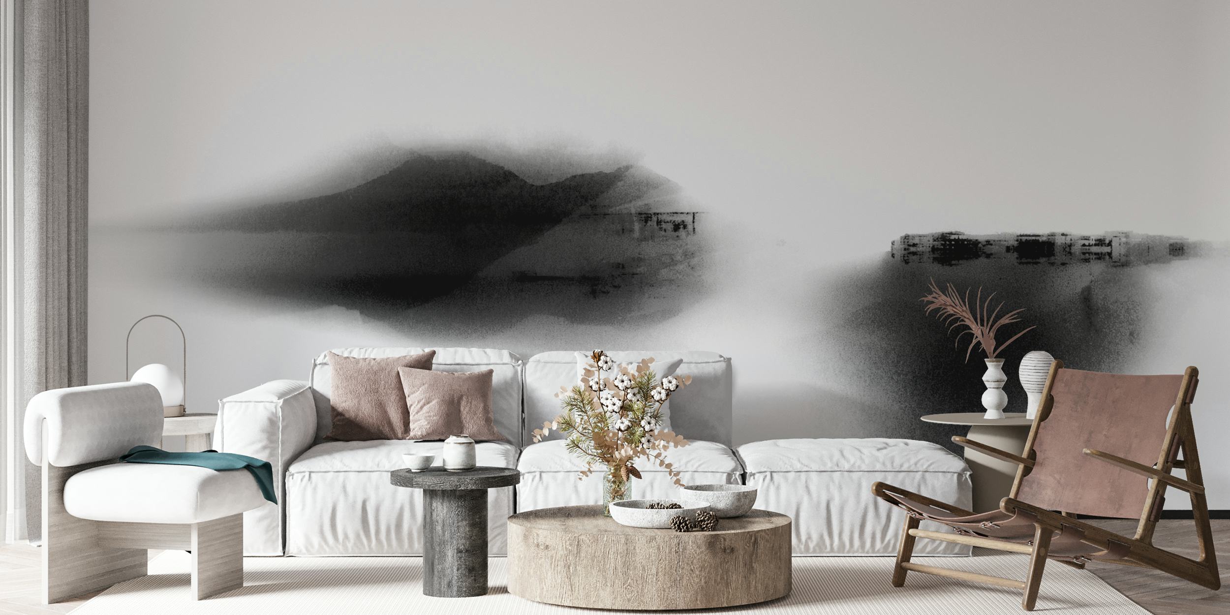 Papel de parede Japandi Black White em um quarto