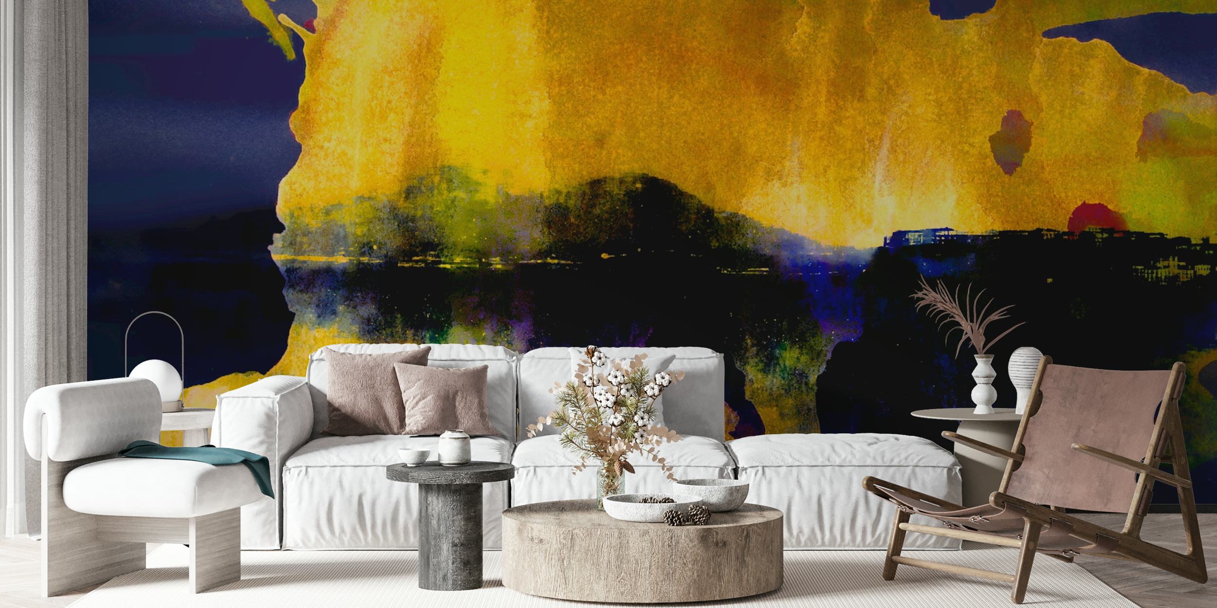 Abstract mountain silhouette in yellow and blue watercolor wallpaper