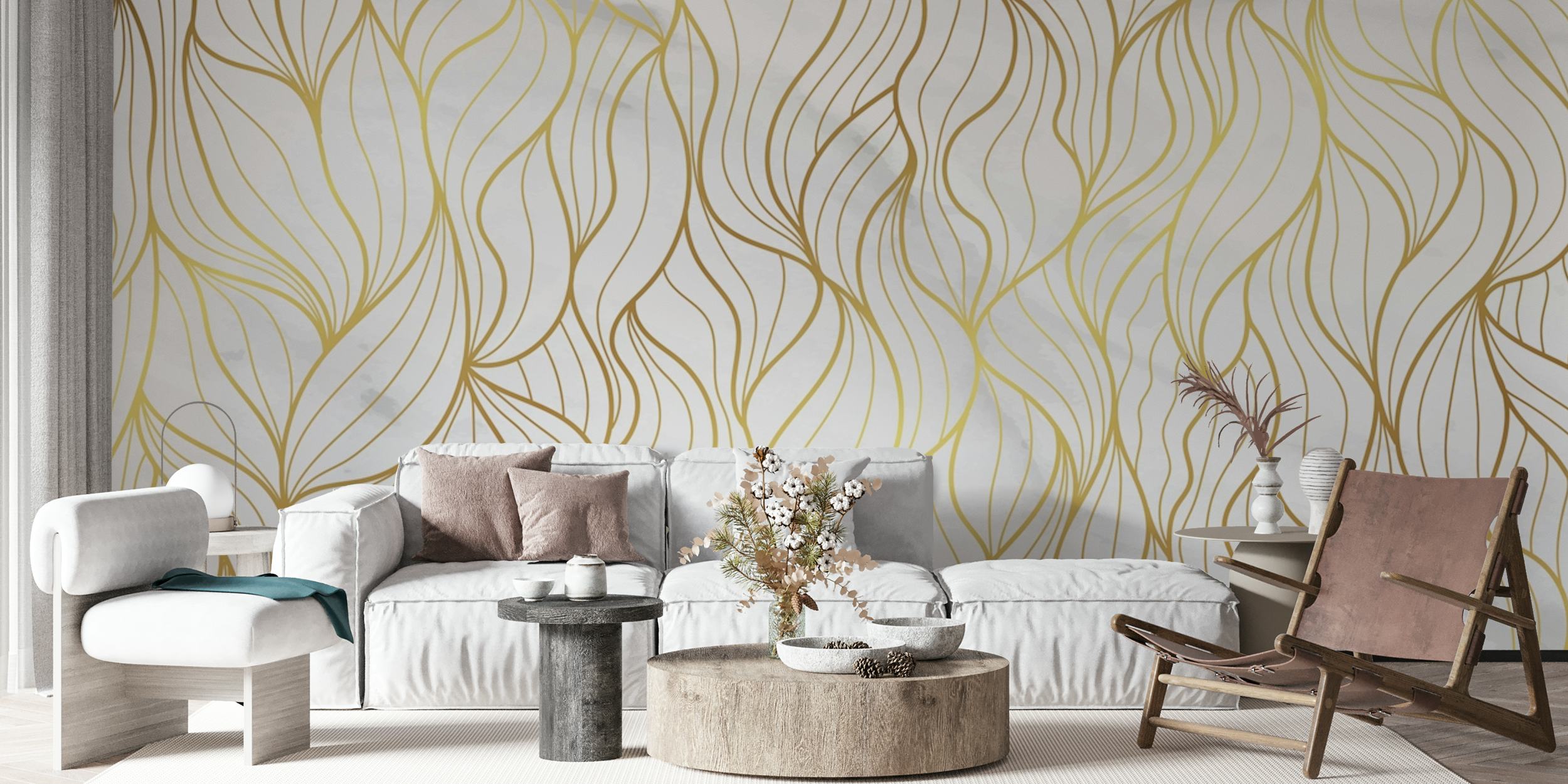 Gold floral patterns on white marble background wallpaper