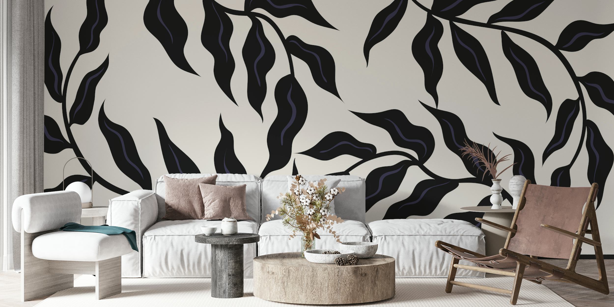 50s Leaves Black design de papel de parede