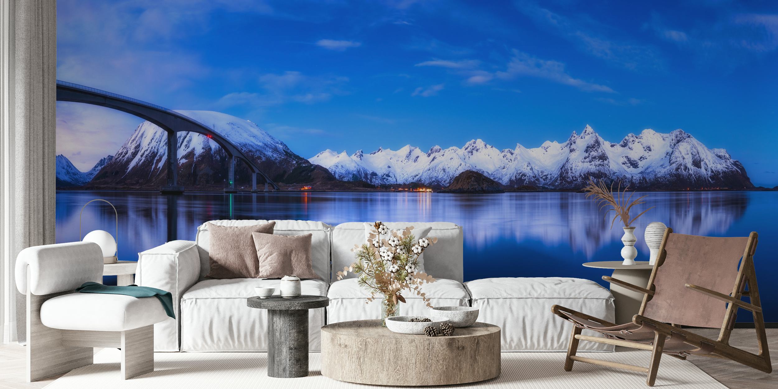 Lofoten mountain landscape with blue sky and reflective water wallpaper