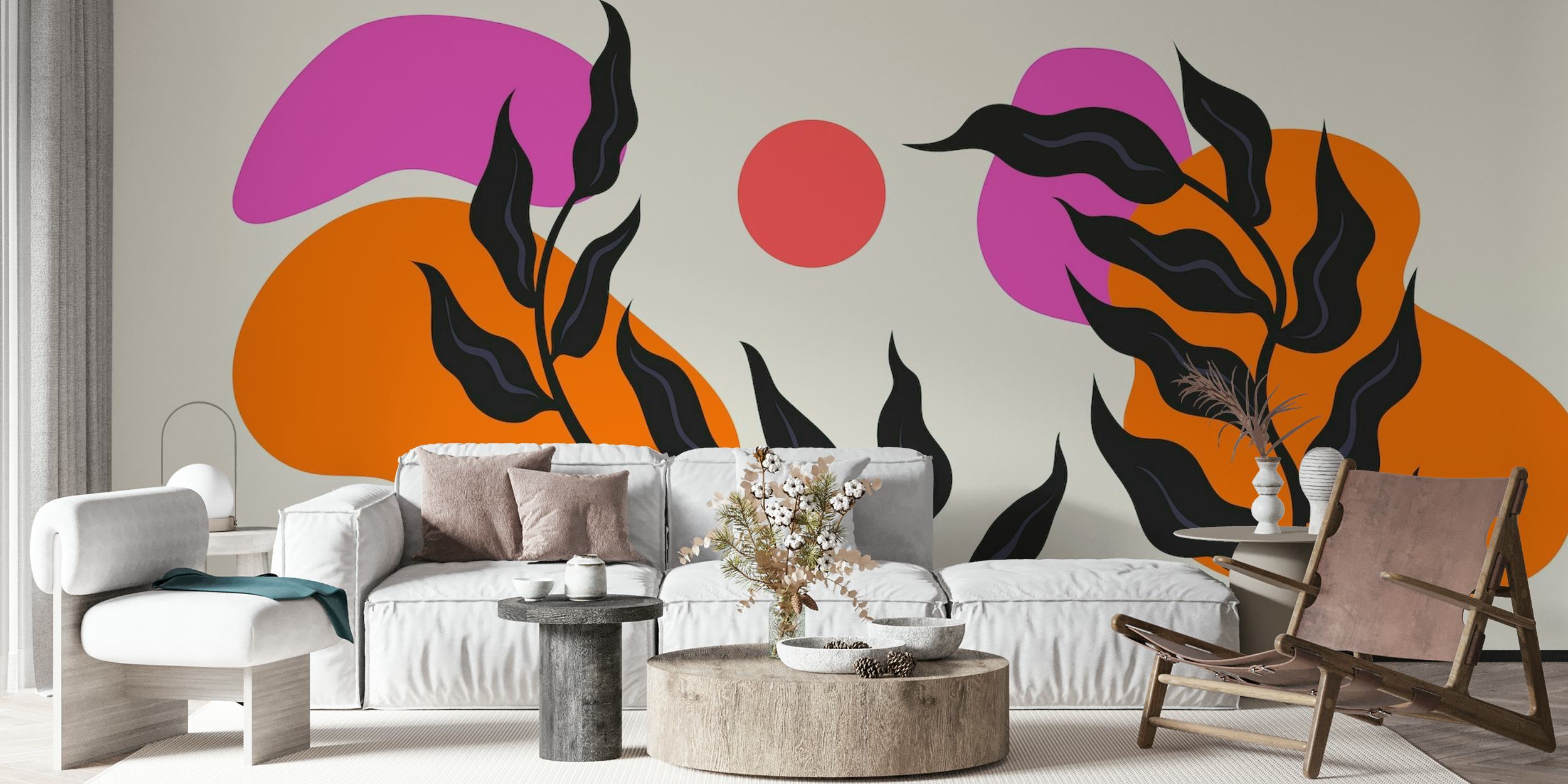 Levende Mid Century Bauhaus Black Leaves vægmaleri med sorte, orange og lilla designelementer