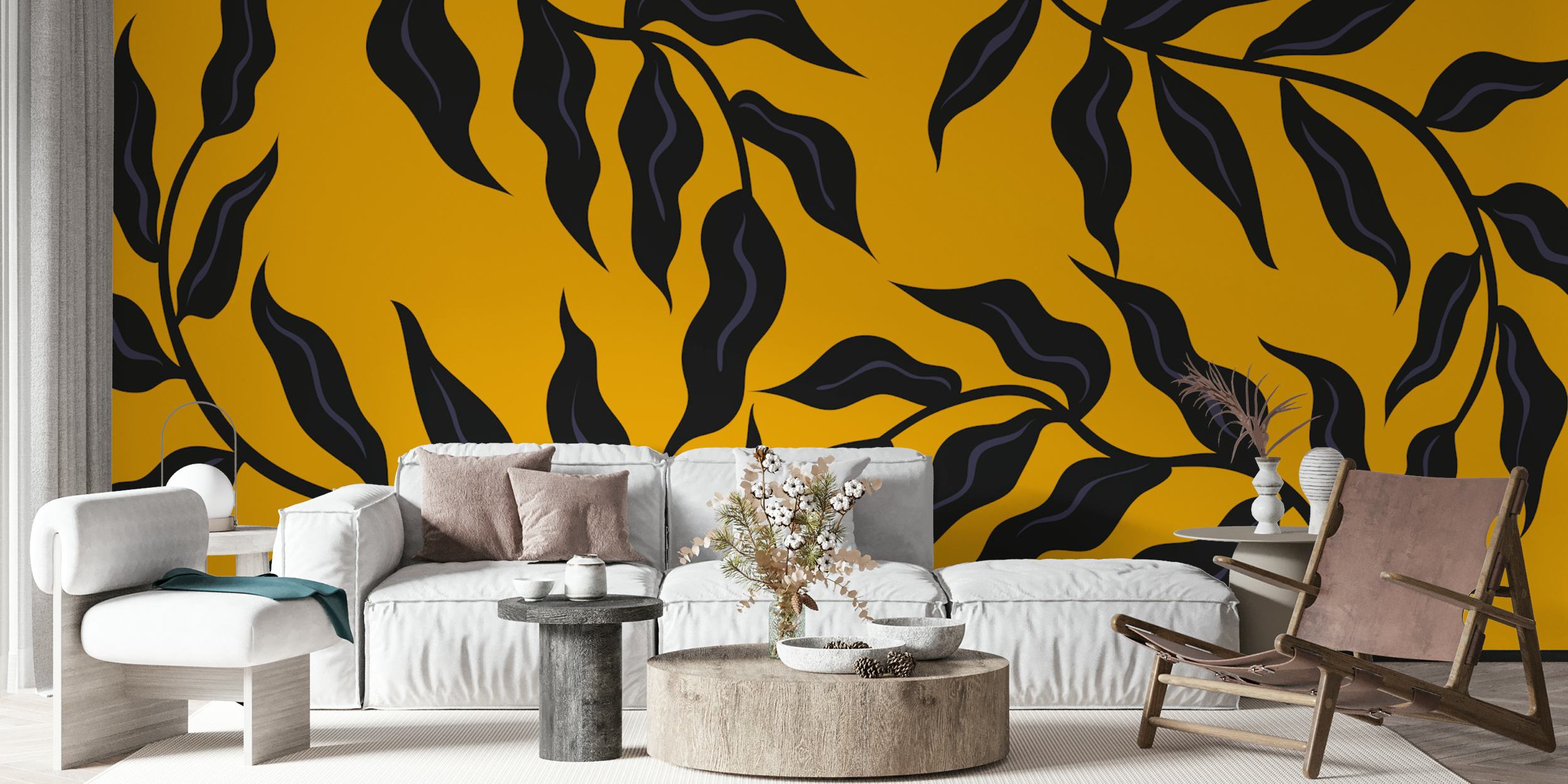 Papel de parede Black Retro Leaves em um quarto