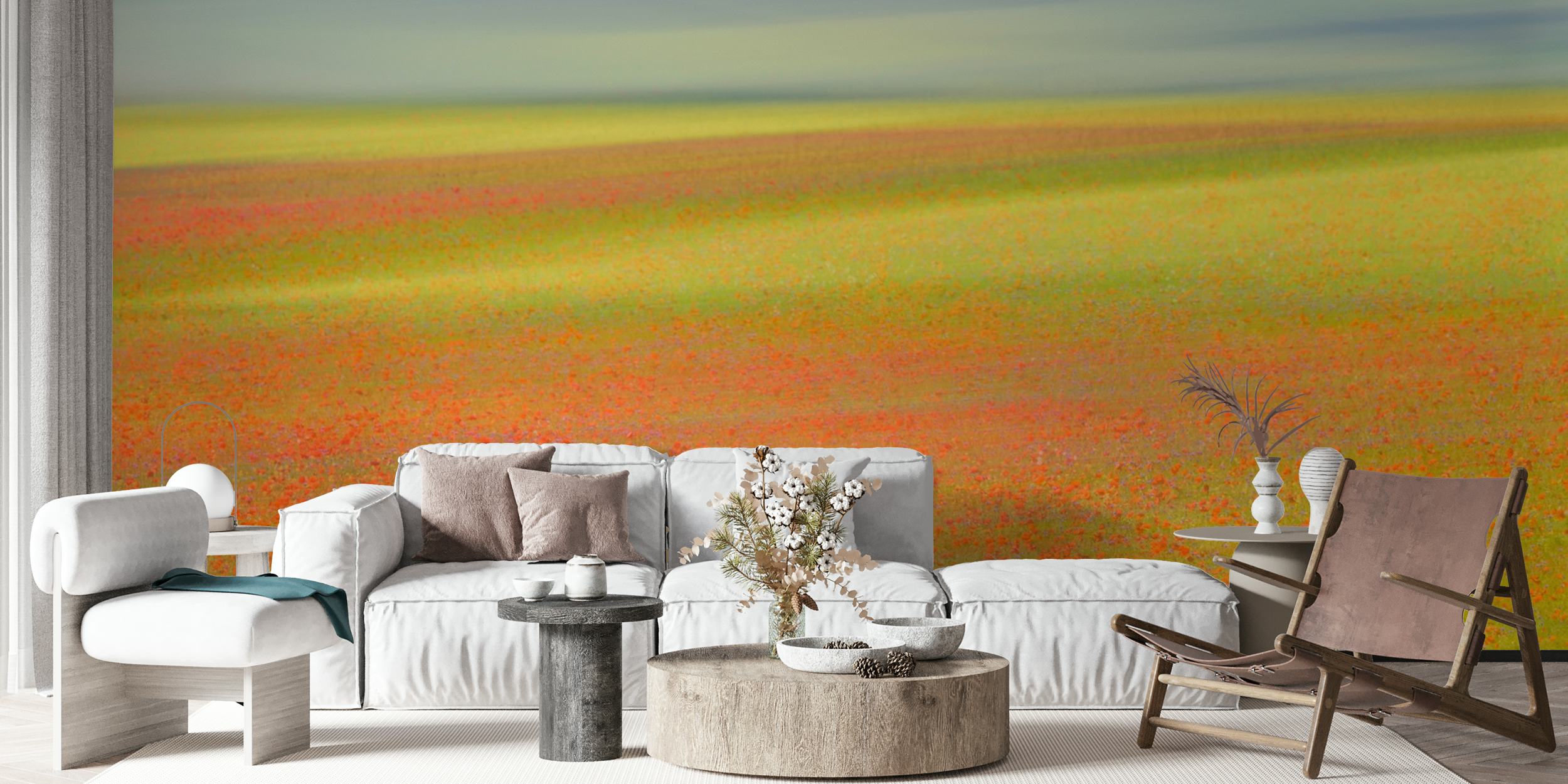 Colorful abstract floral pattern wallpaper in yellow, orange, and green shades.