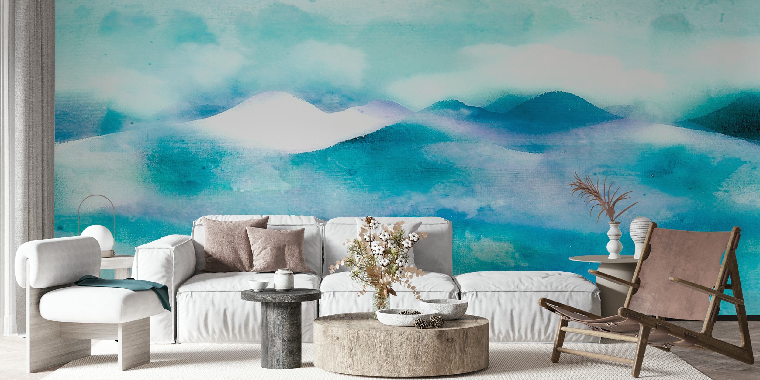 Papel de parede Misty Mountains Abstract exibido em uma sala