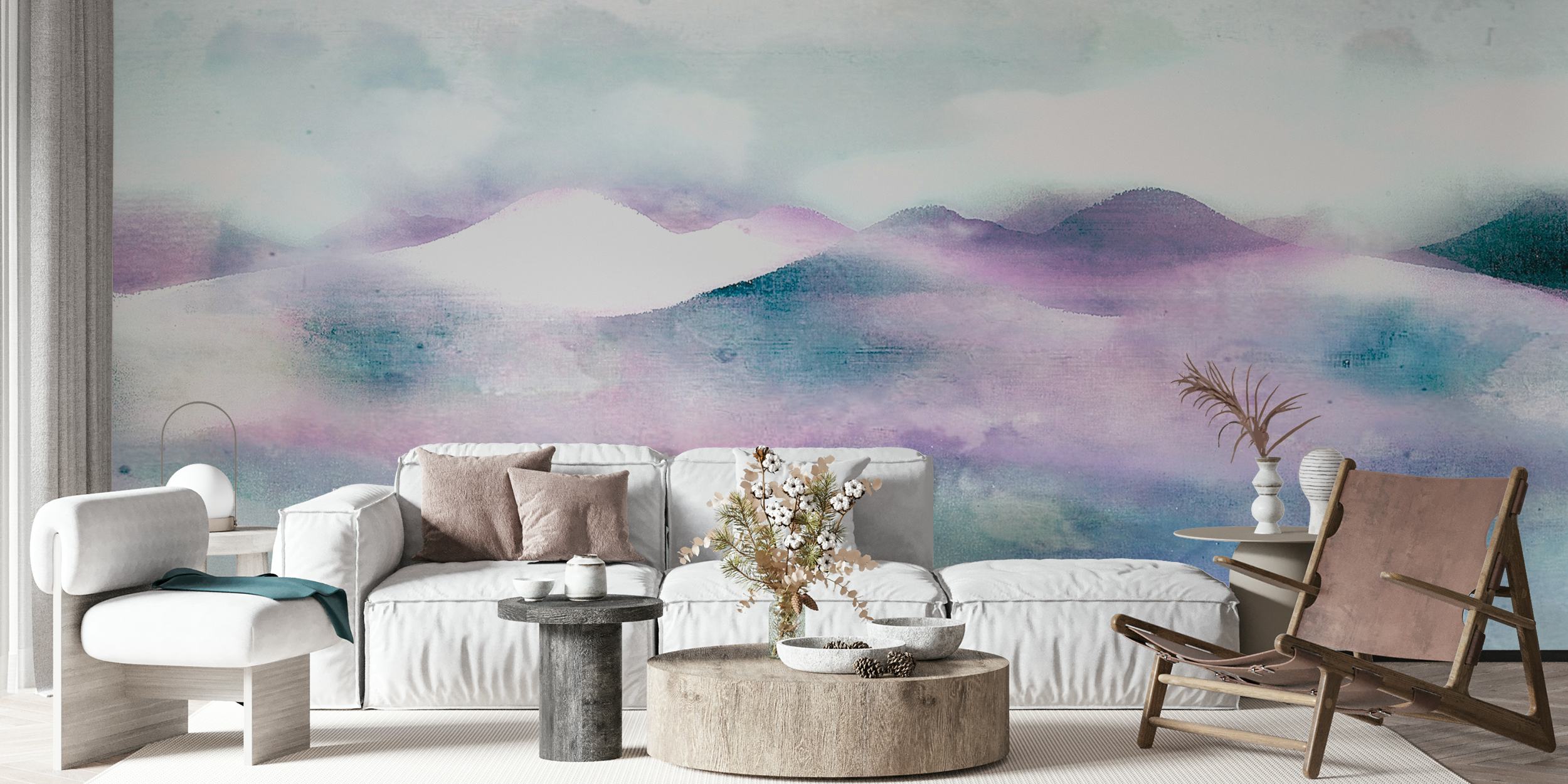 Japandi-style sunrise over mountains wall mural