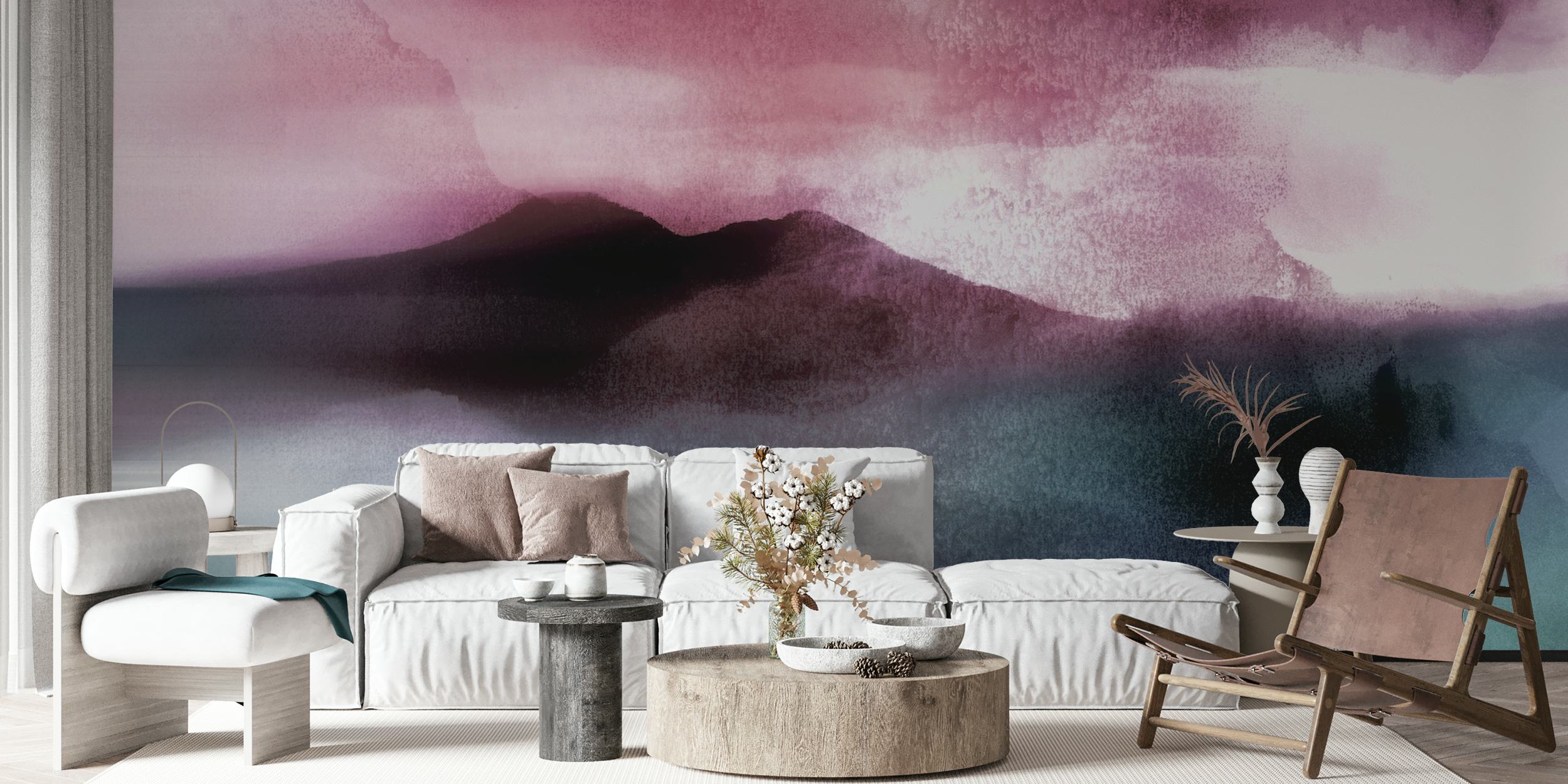 Tapeta japonská krajina Muted Magenta v pokoji