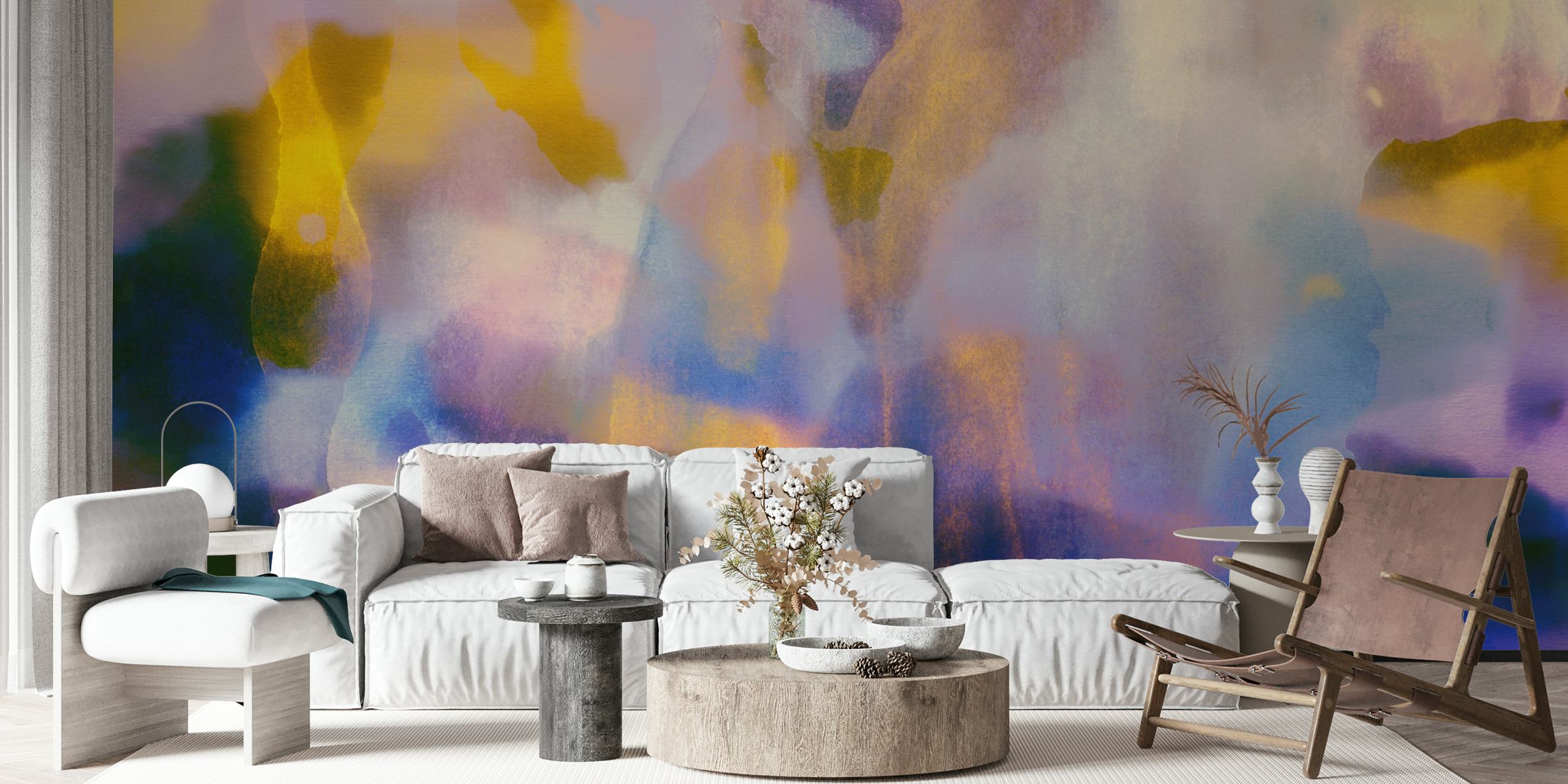 Colorful abstract watercolor designs in blue, yellow, and purple wallpaper