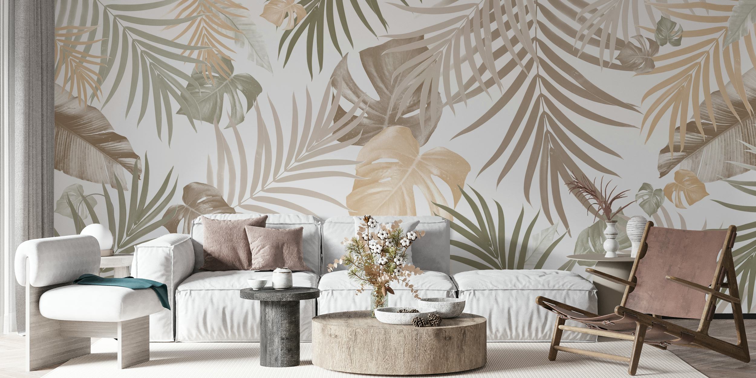 Elegant tropical jungle leaves wall mural in a neutral color palette
