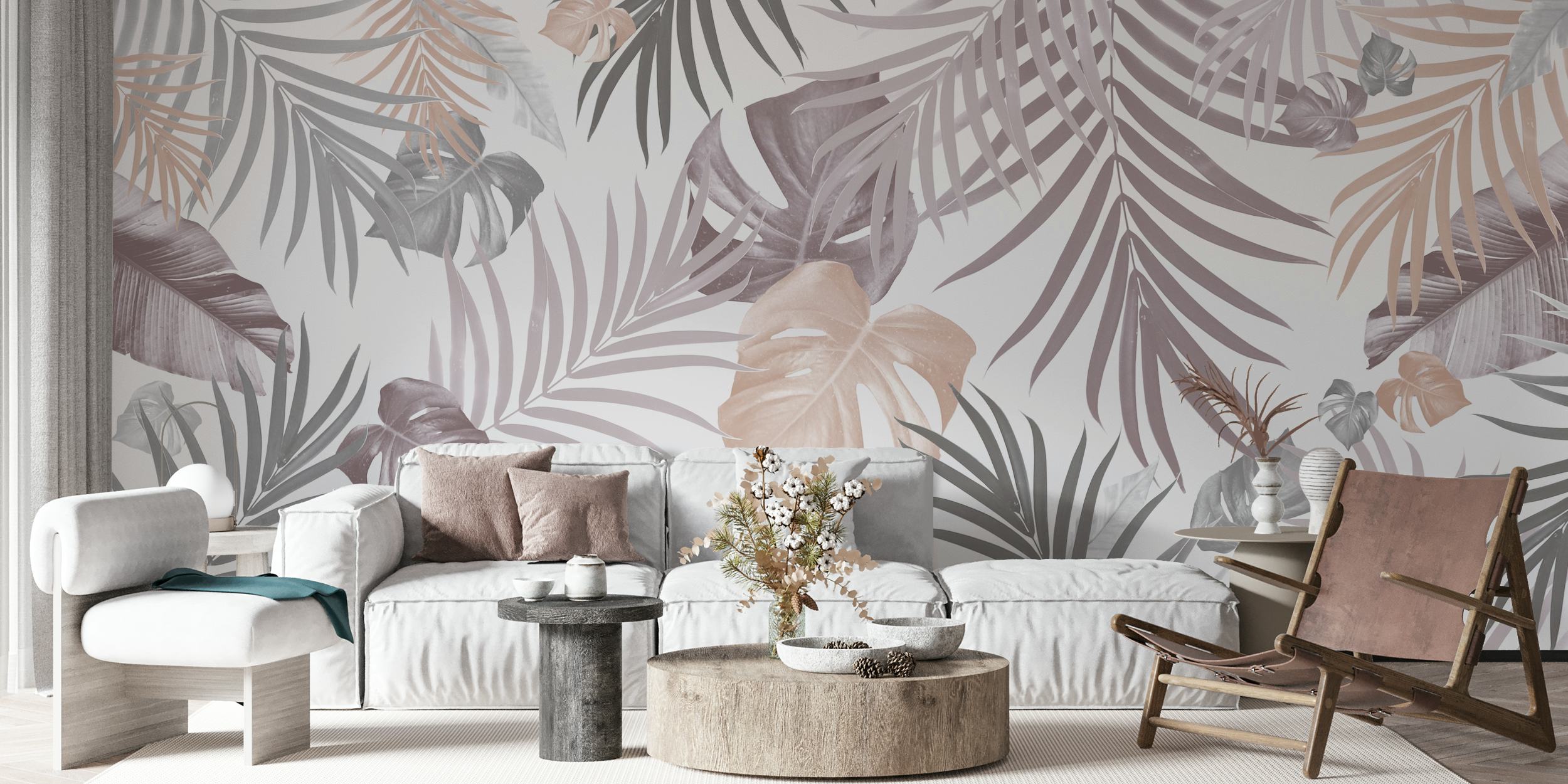Tropical green and gray leaves on light background wallpaper