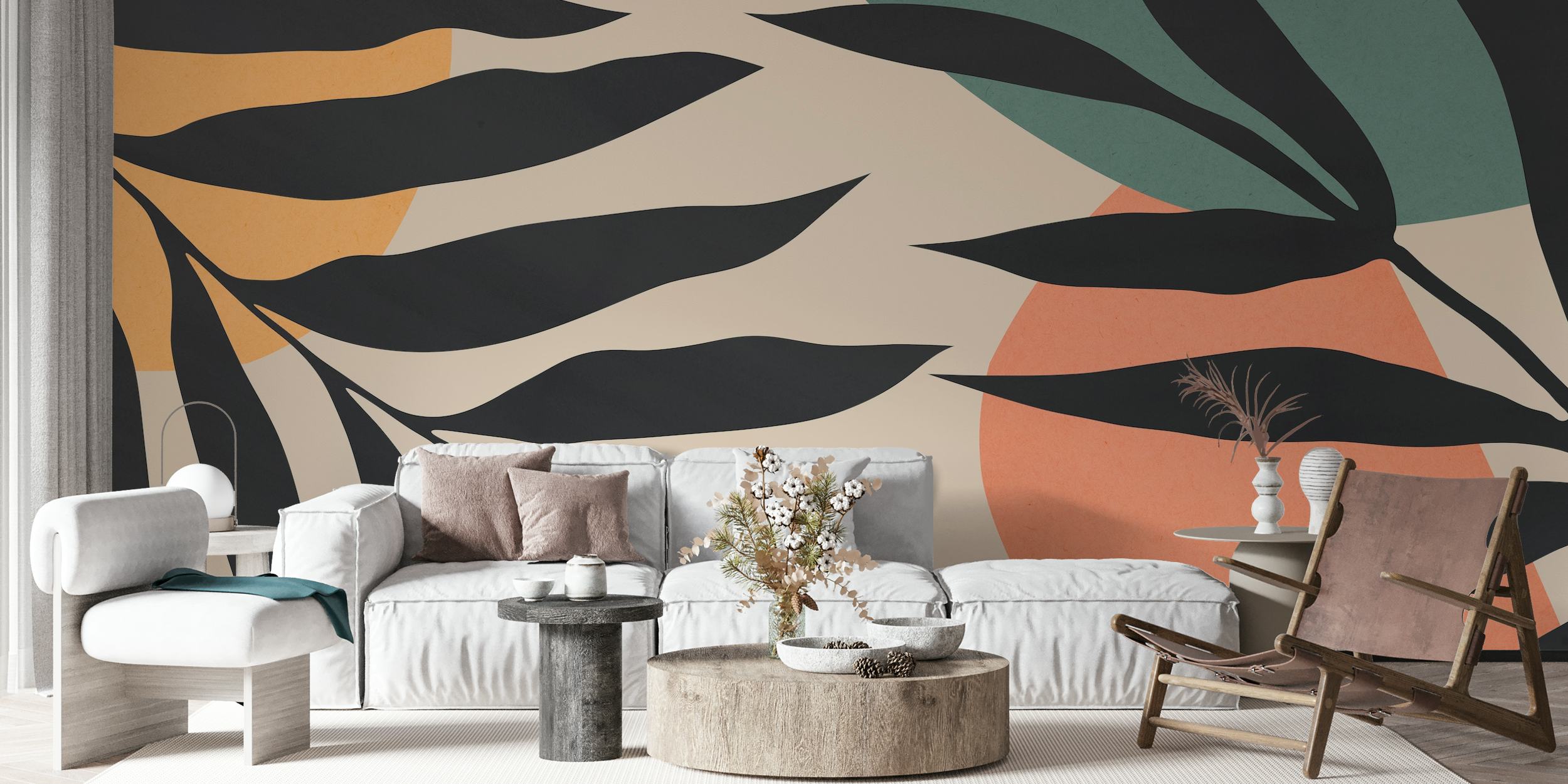 Black tropical leaves on beige background with colored circles wallpaper
