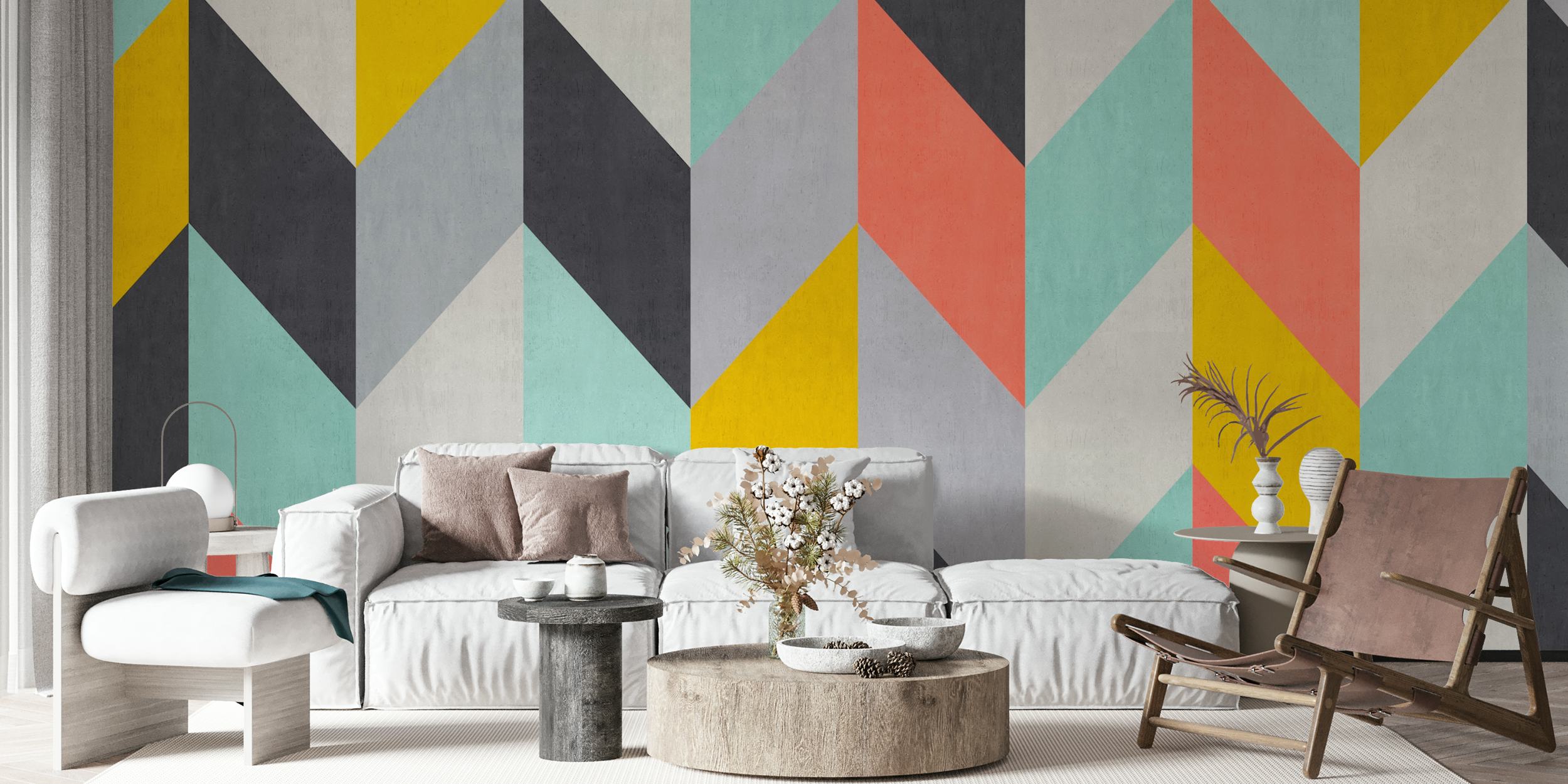 Colorful geometric pattern with yellow, pink, and teal shapes wallpaper