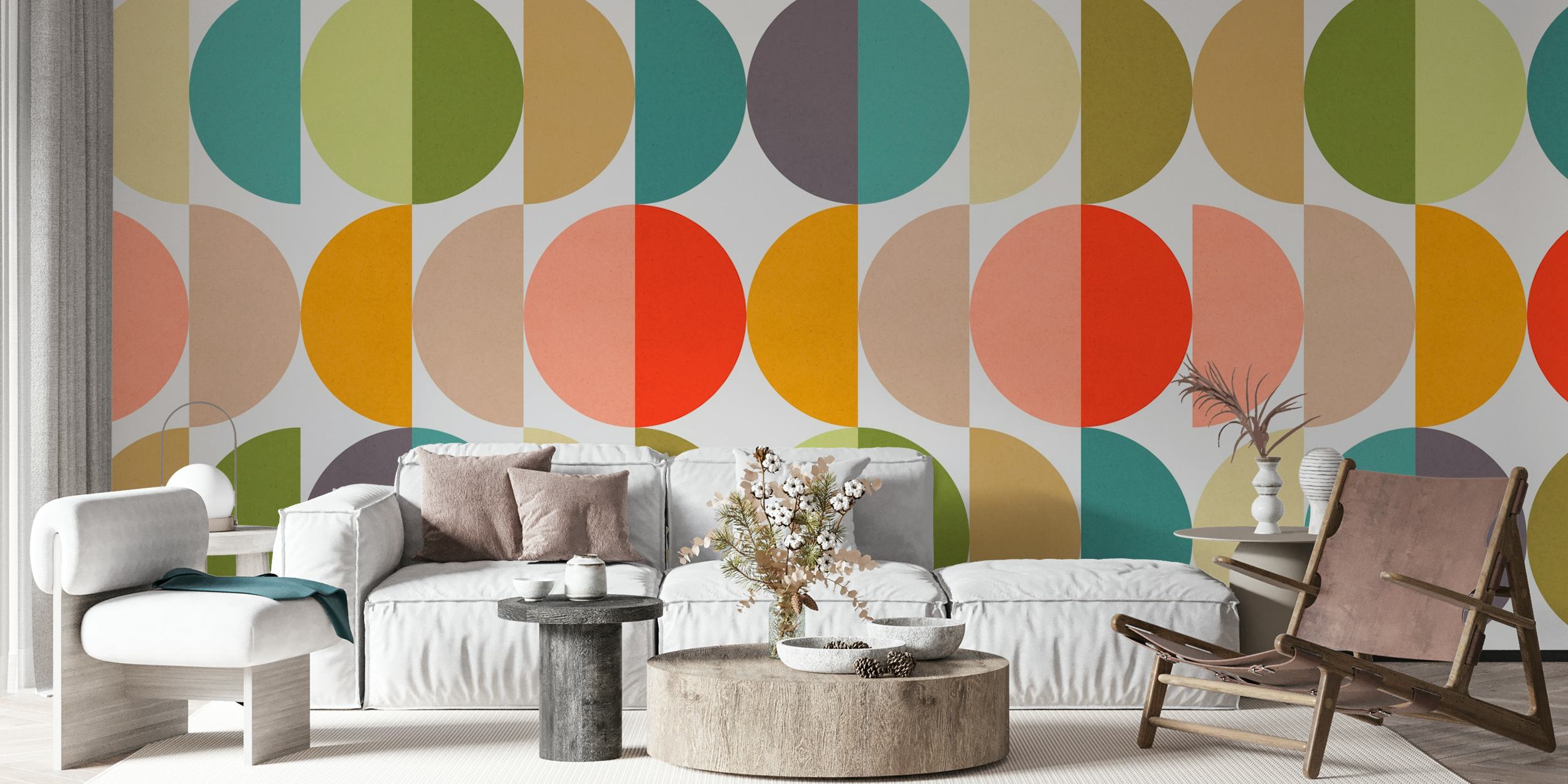 Colorful geometric circles in various shades on wallpaper