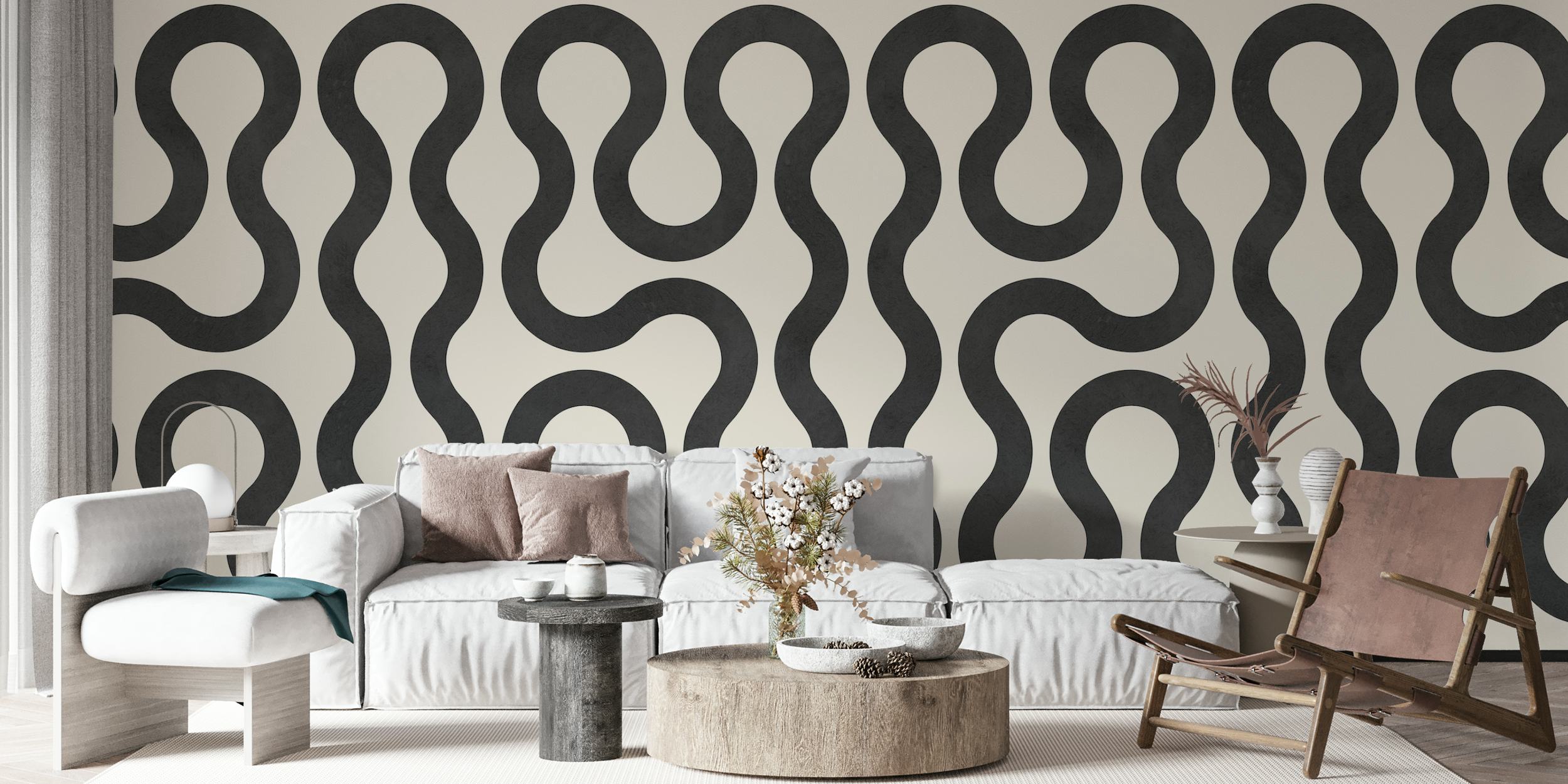 Artistic wall mural featuring a pattern of interconnected lines and circles in a monochrome palette
