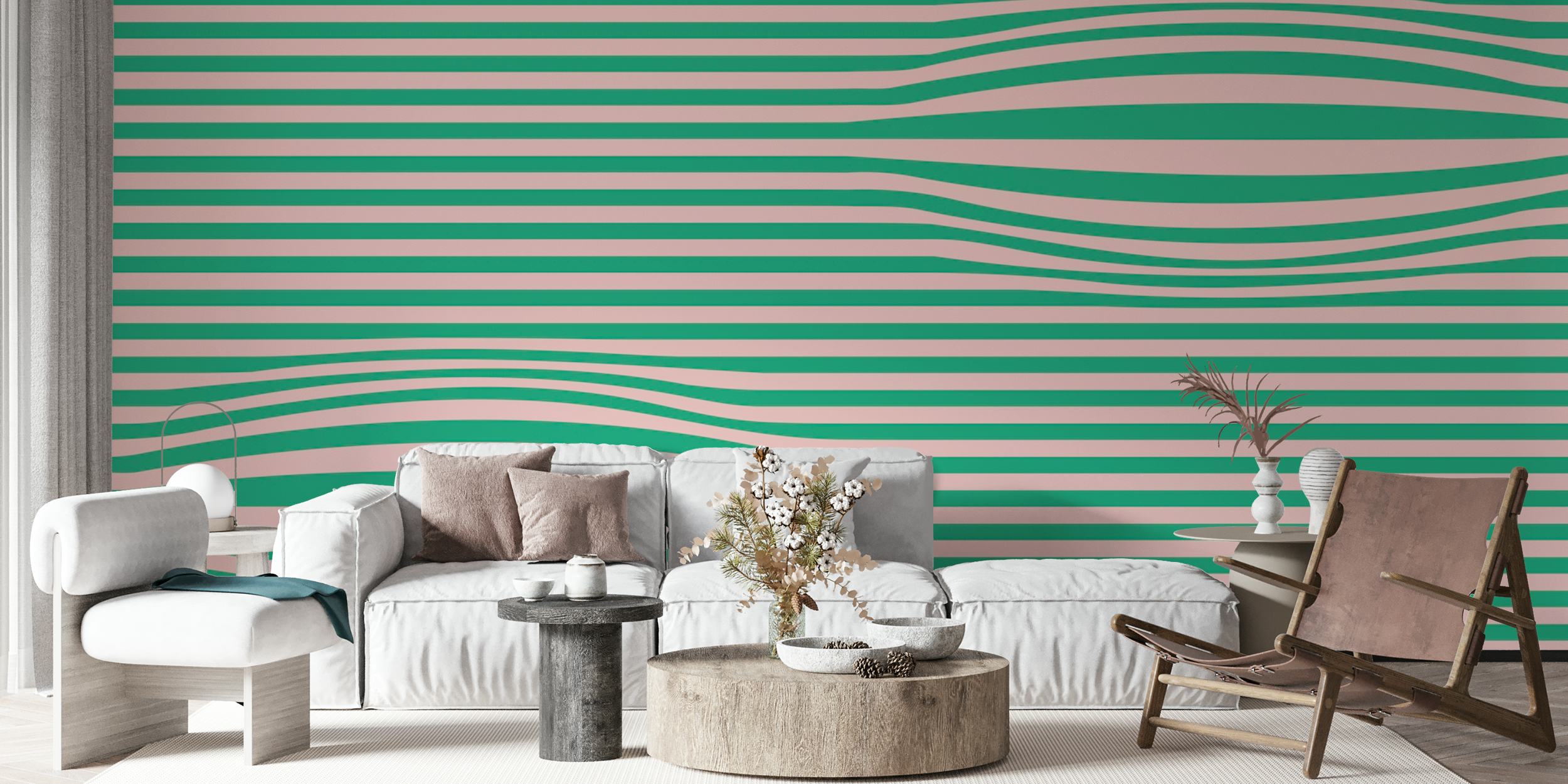 Green and pink striped wallpaper in retro style