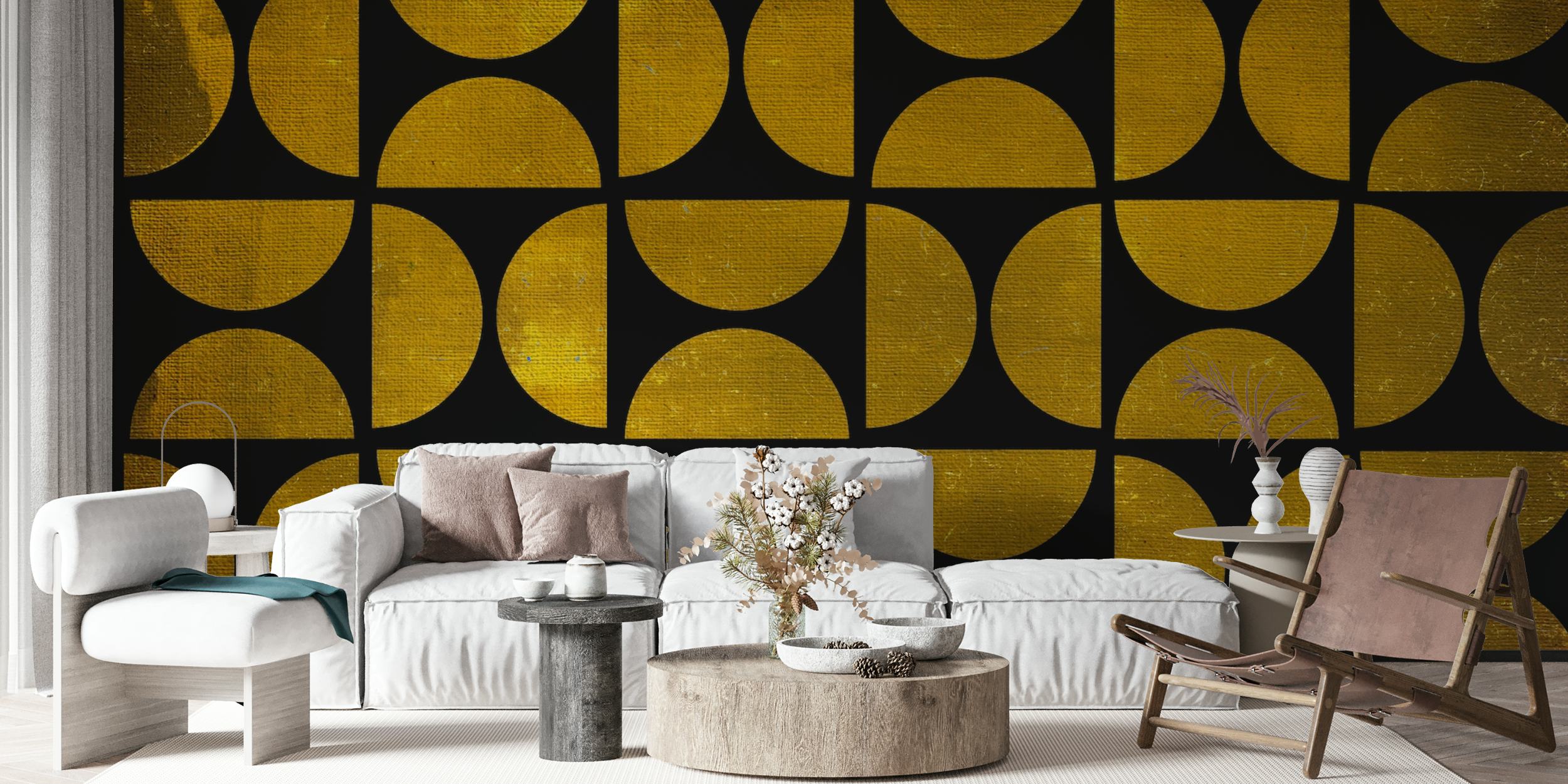 Geometric gold shapes on a black background wall mural