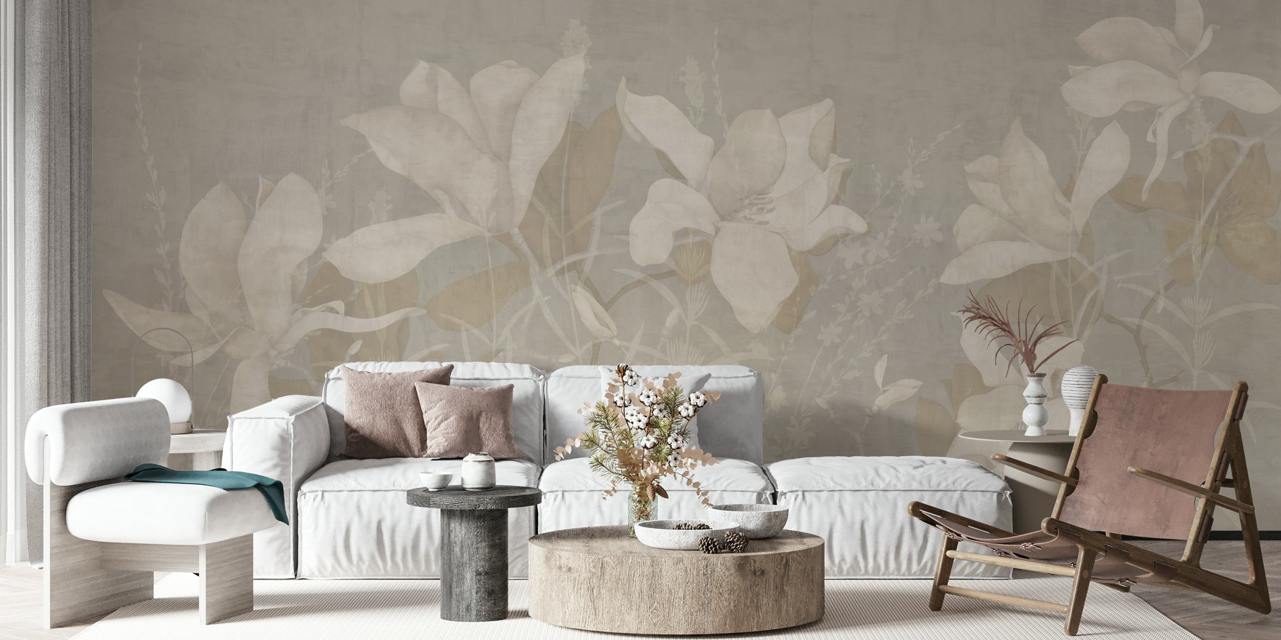 Magnolia Morning Pergament Latte behang in een kamer