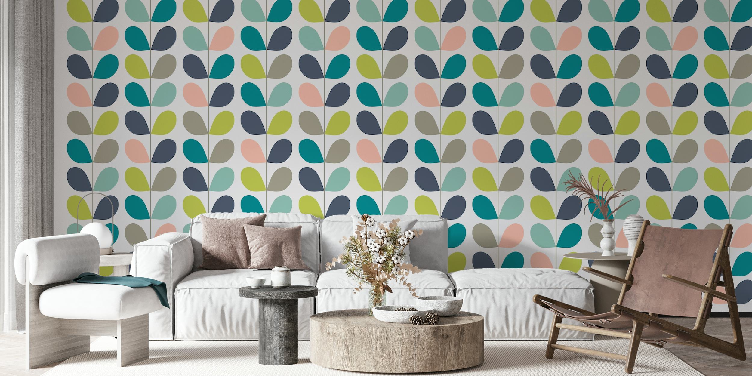 Stiliserte pastellblader i et minimalistisk veggmaleri