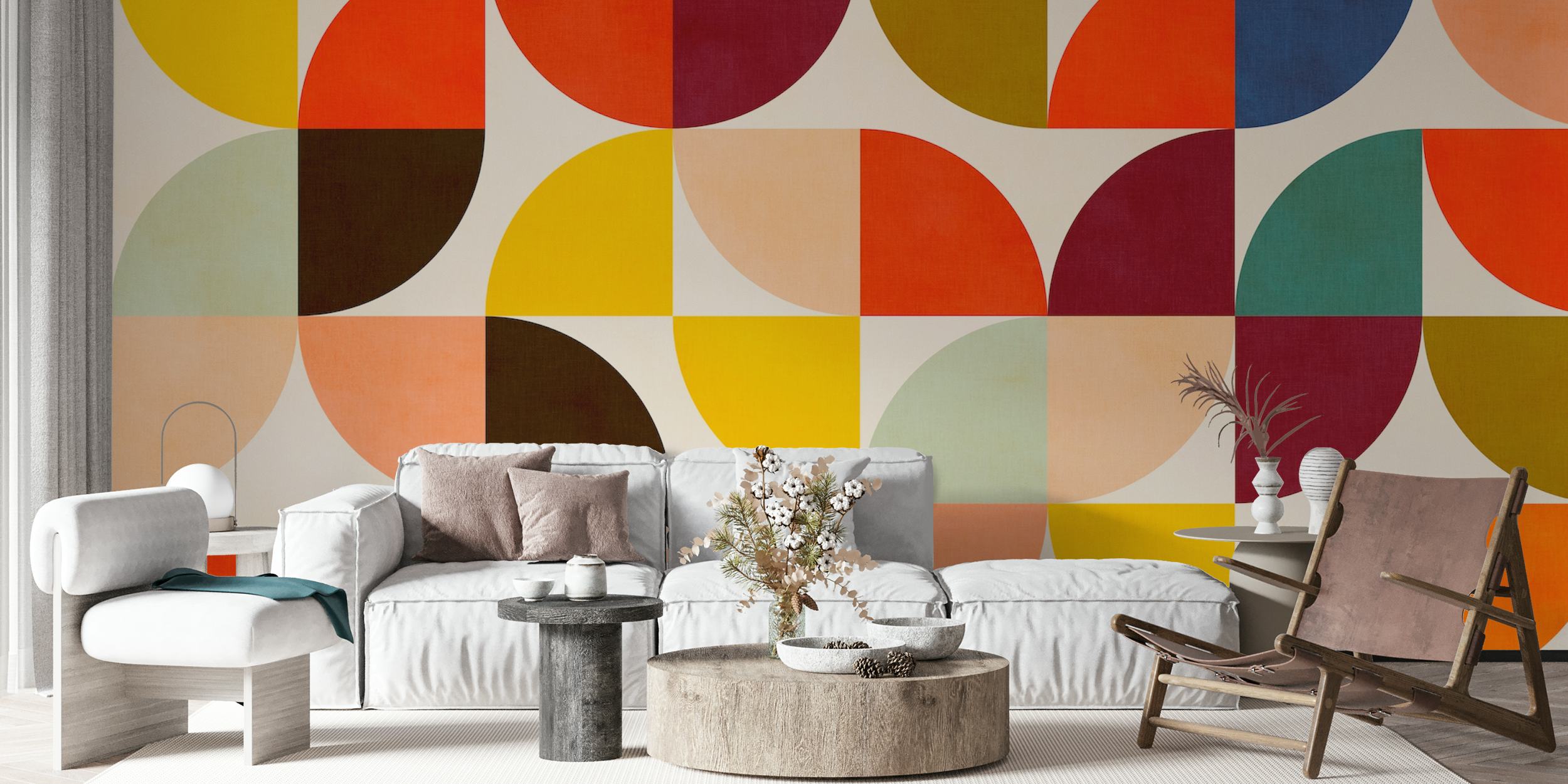 Geometric shapes in vibrant colors like red, yellow, and blue wallpaper