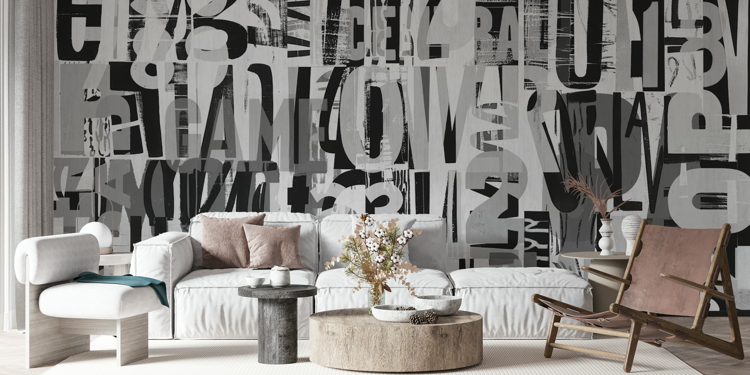 Greyscale typography pattern featuring bold letters and numbers wallpaper