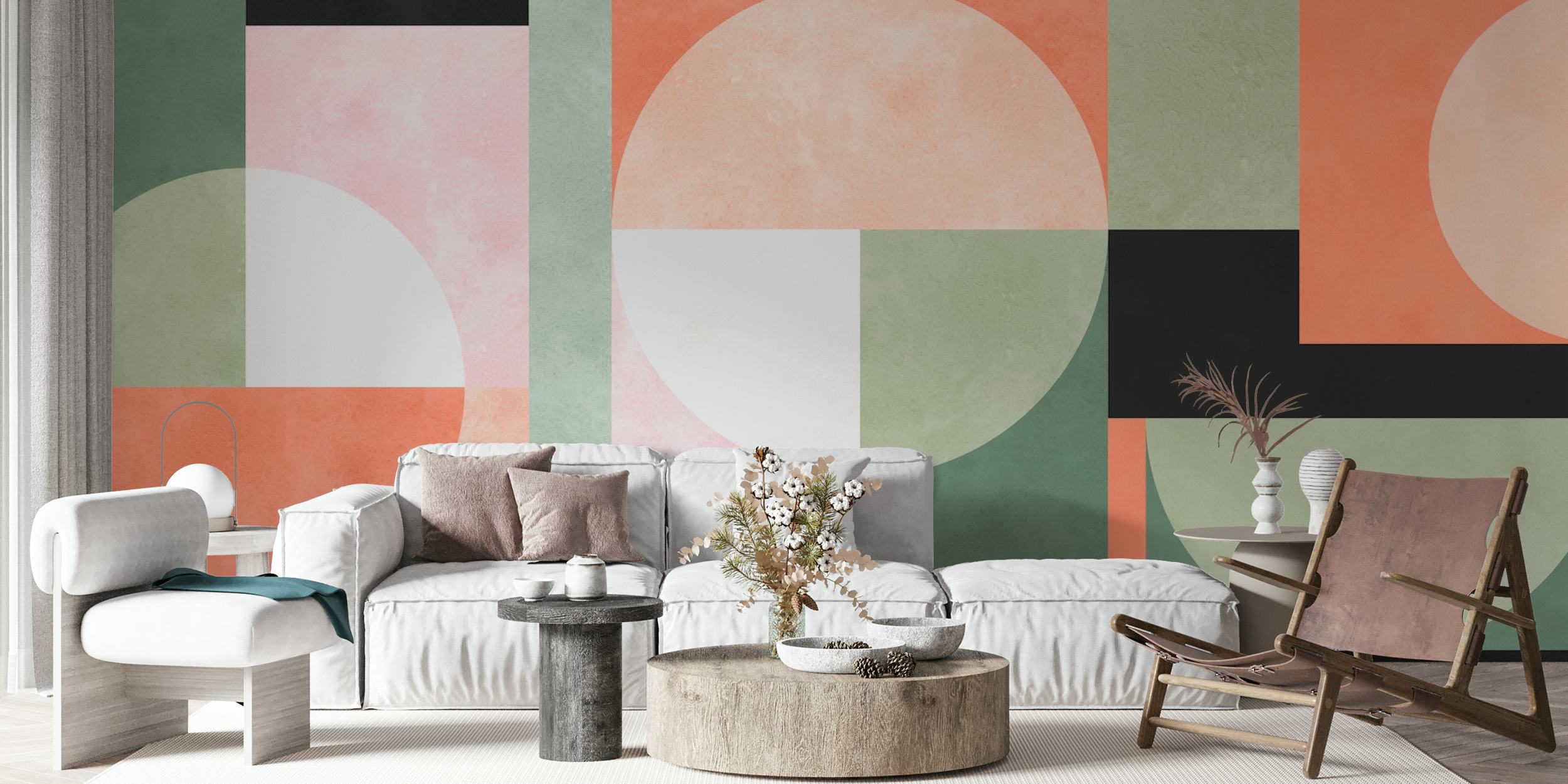 Green and red circles wallpaper in a room