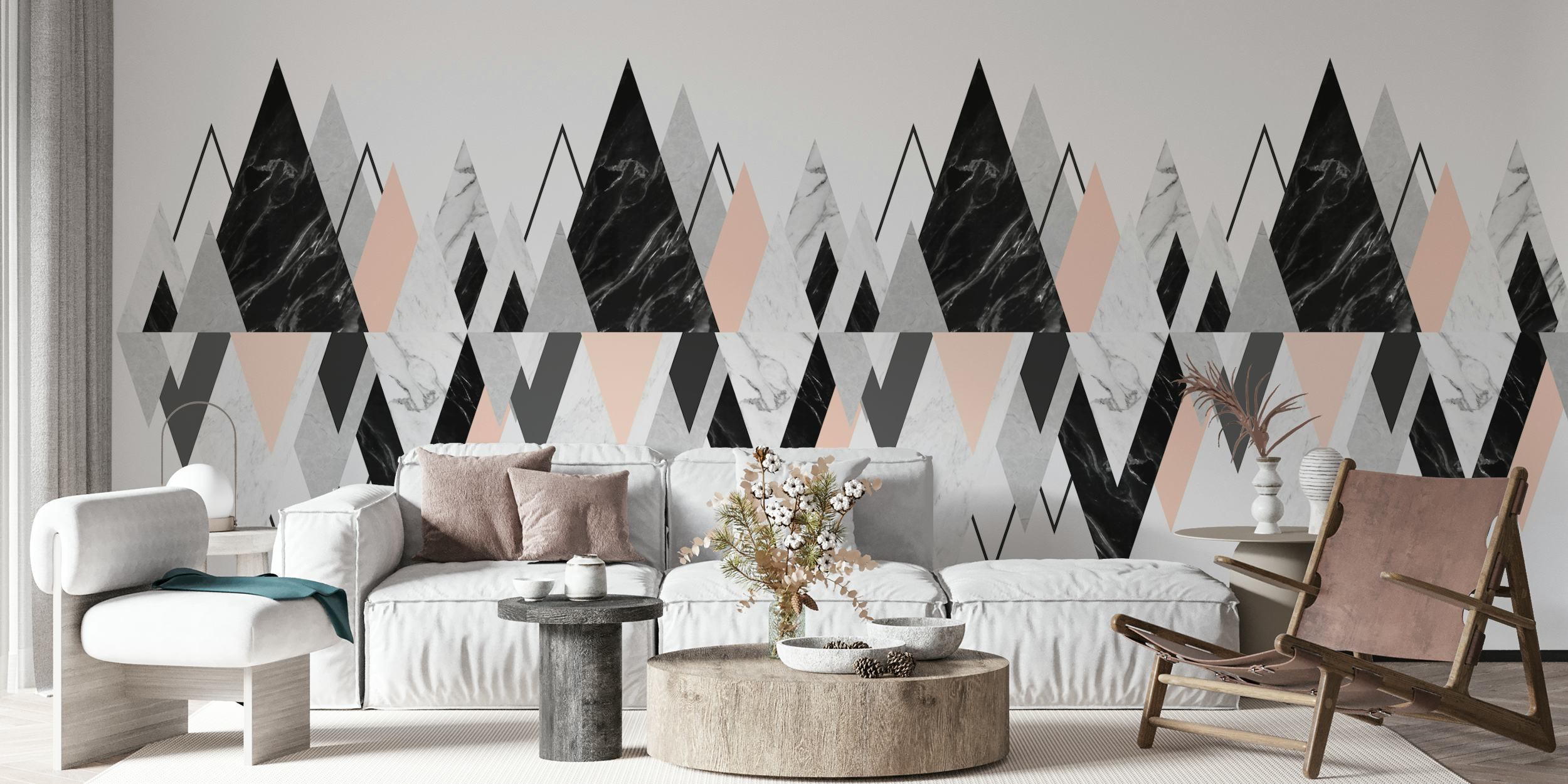 Geometric triangles in black, gray, and blush tones wallpaper