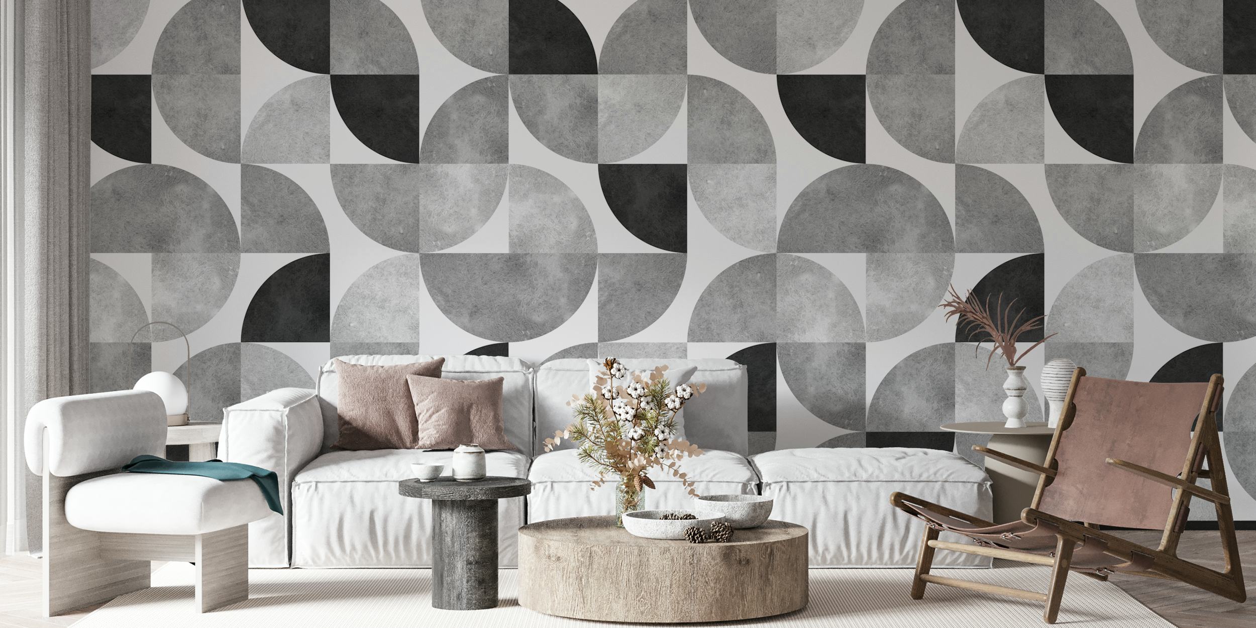 Geometric circle patterns in black, white, and gray wallpaper