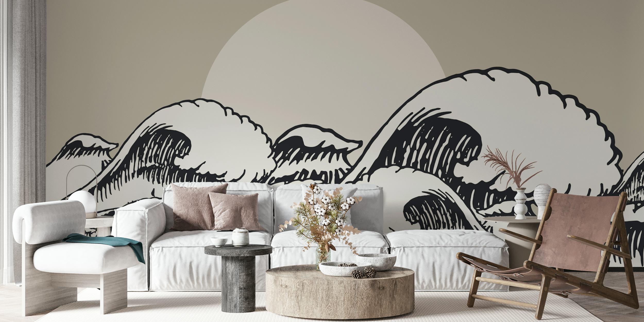 Ocean Sun Black wall mural with monochrome waves and a pale sun