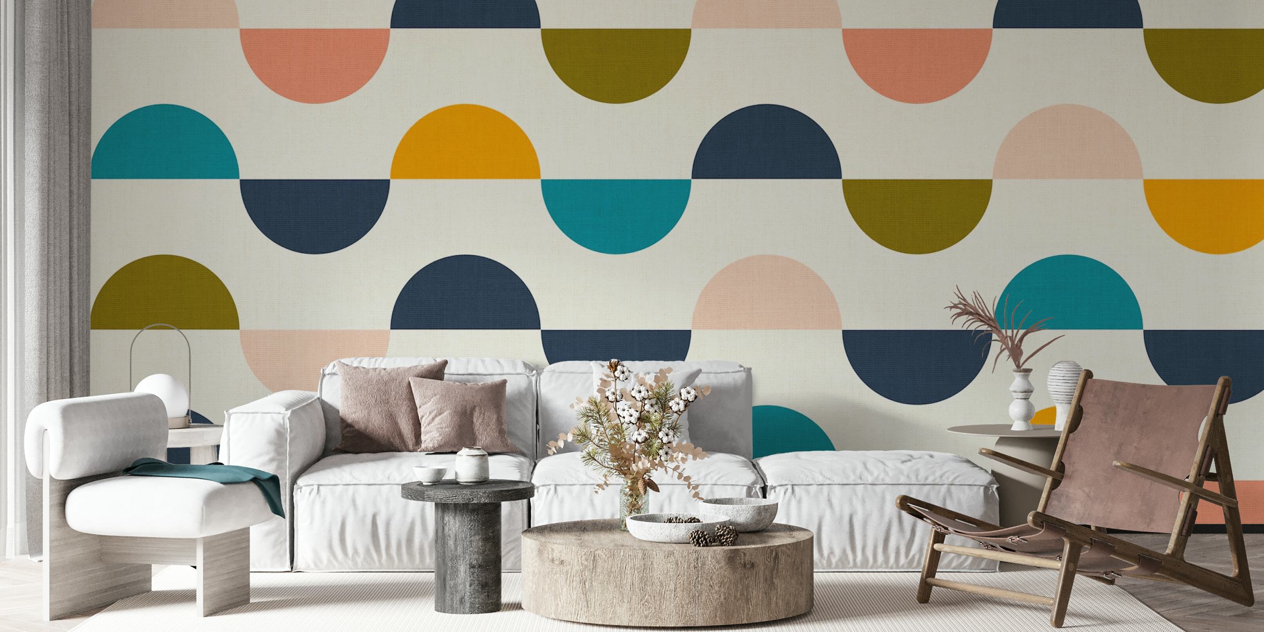 Papier peint géométrique, formes colorées (rose, bleu, orange, vert)