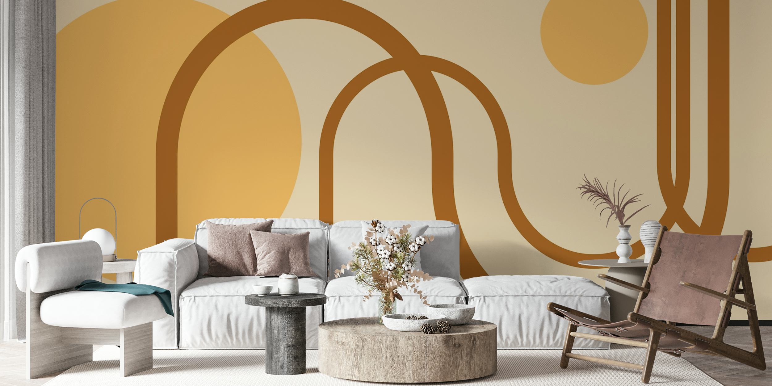 Geometric line patterns and circles in warm beige tones wallpaper