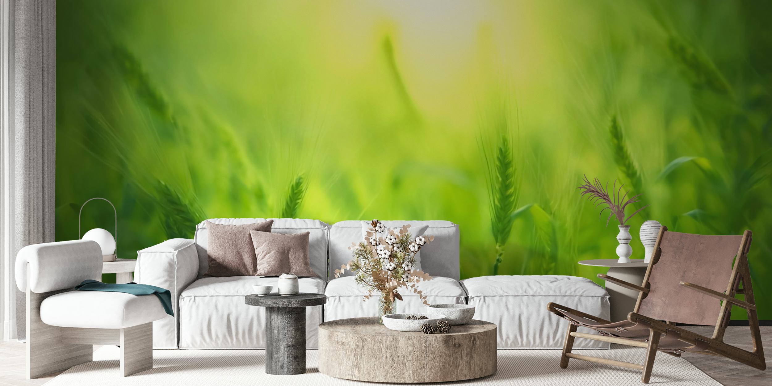 Vibrant green meadow wallpaper with tall grass and light tones