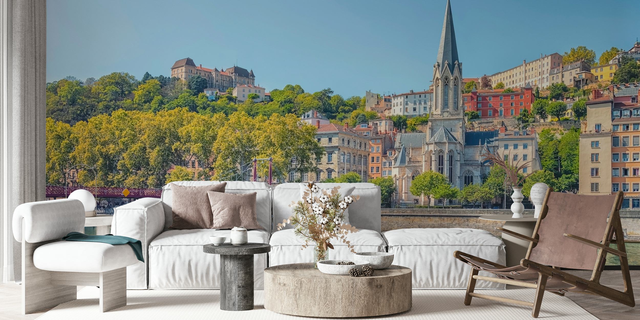 Lyon cityscape wallpaper with vibrant buildings, blue sky, water reflections