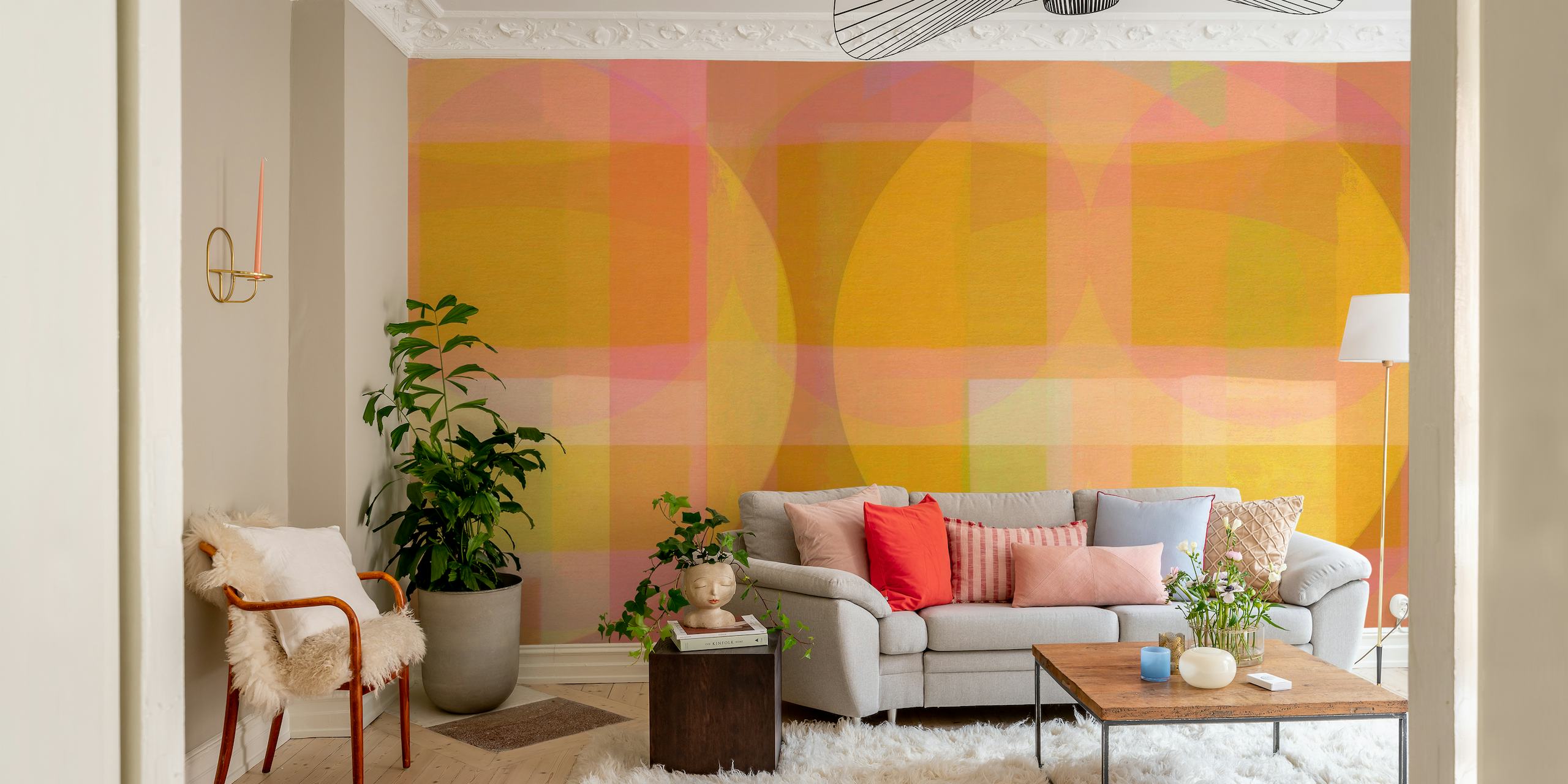 Abstract pastel Bauhaus-style wall mural with geometric shapes