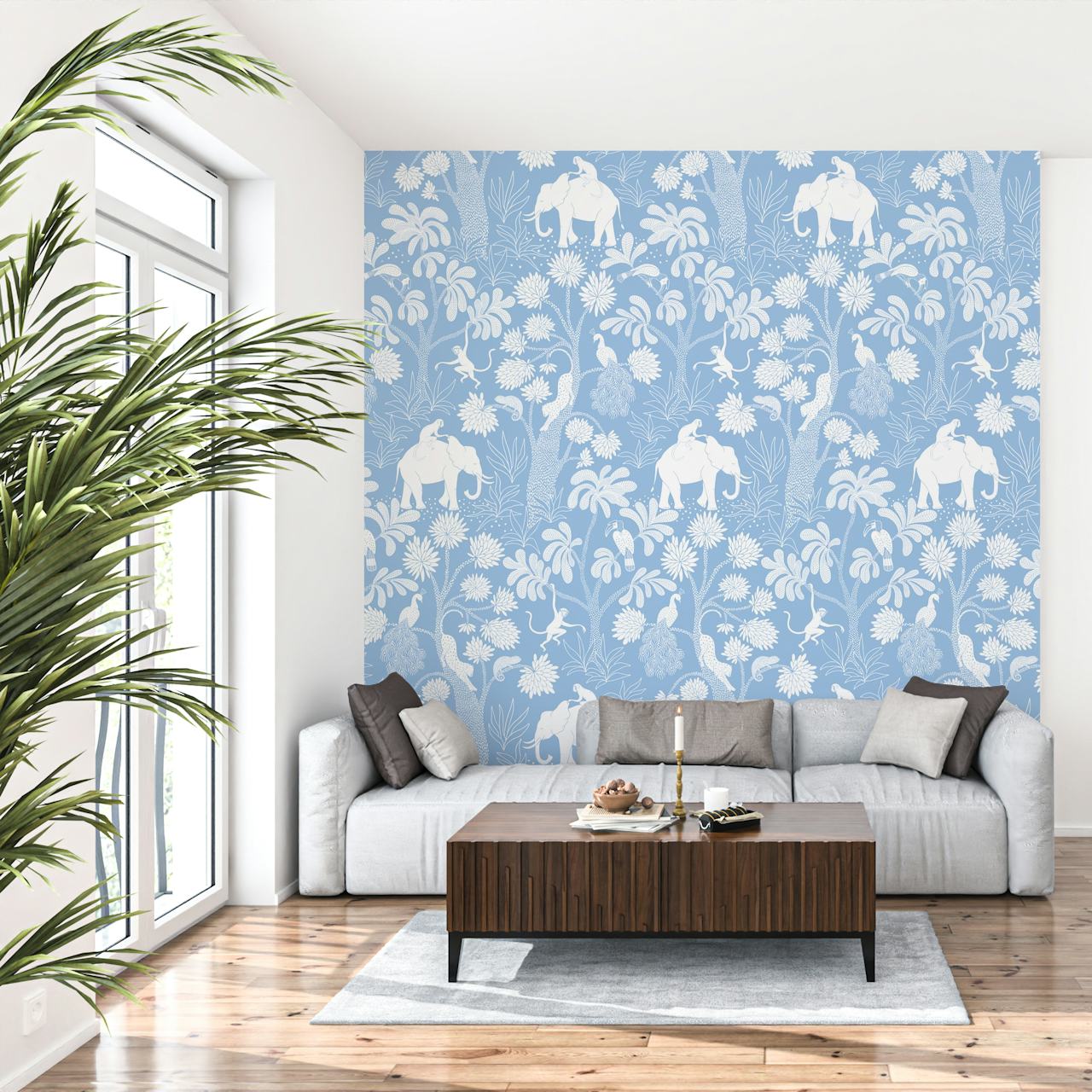 Blue elephant and jungle foliage wall mural design