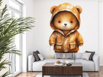 Watercolor Cartoon Brown Bear in a Hoodie