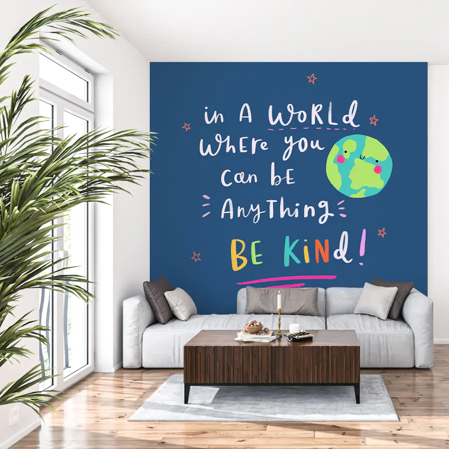 Colorful text 'Be Kind' with earth illustration on navy background wallpaper