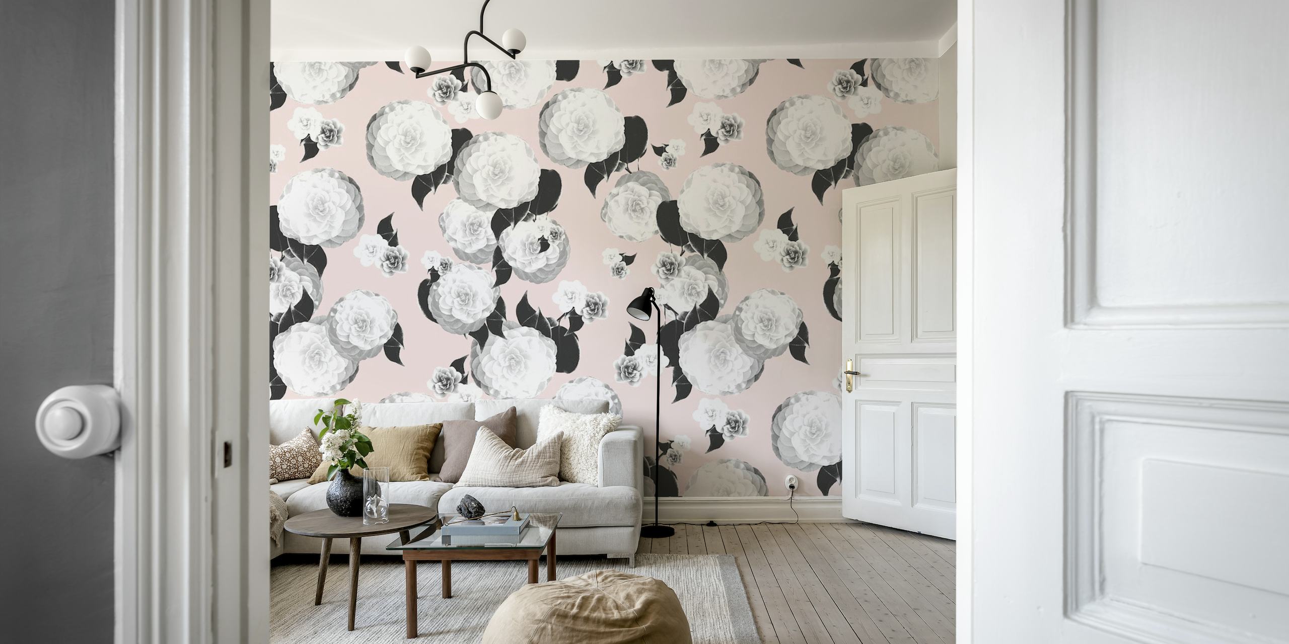 Soft pink wall mural with white spring flowers pattern for interior decor