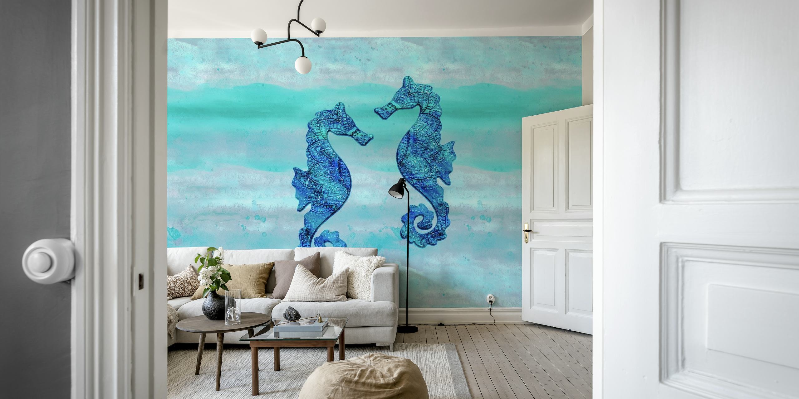 Fotomural vinílico de parede de cavalos-marinhos azuis aquarela em fundo água-marinha