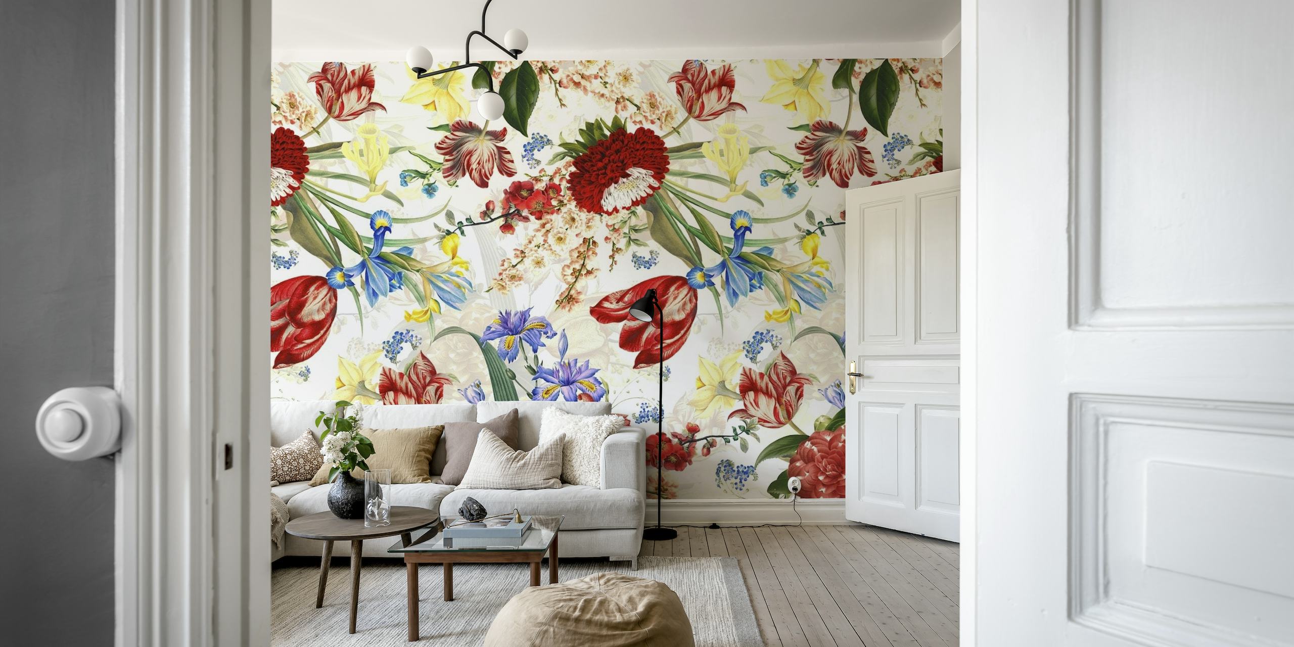 Rehevä antiikkinen kevätpuutarha seinämaalaus, jossa näkyy erilaisia kukkivia kukkia