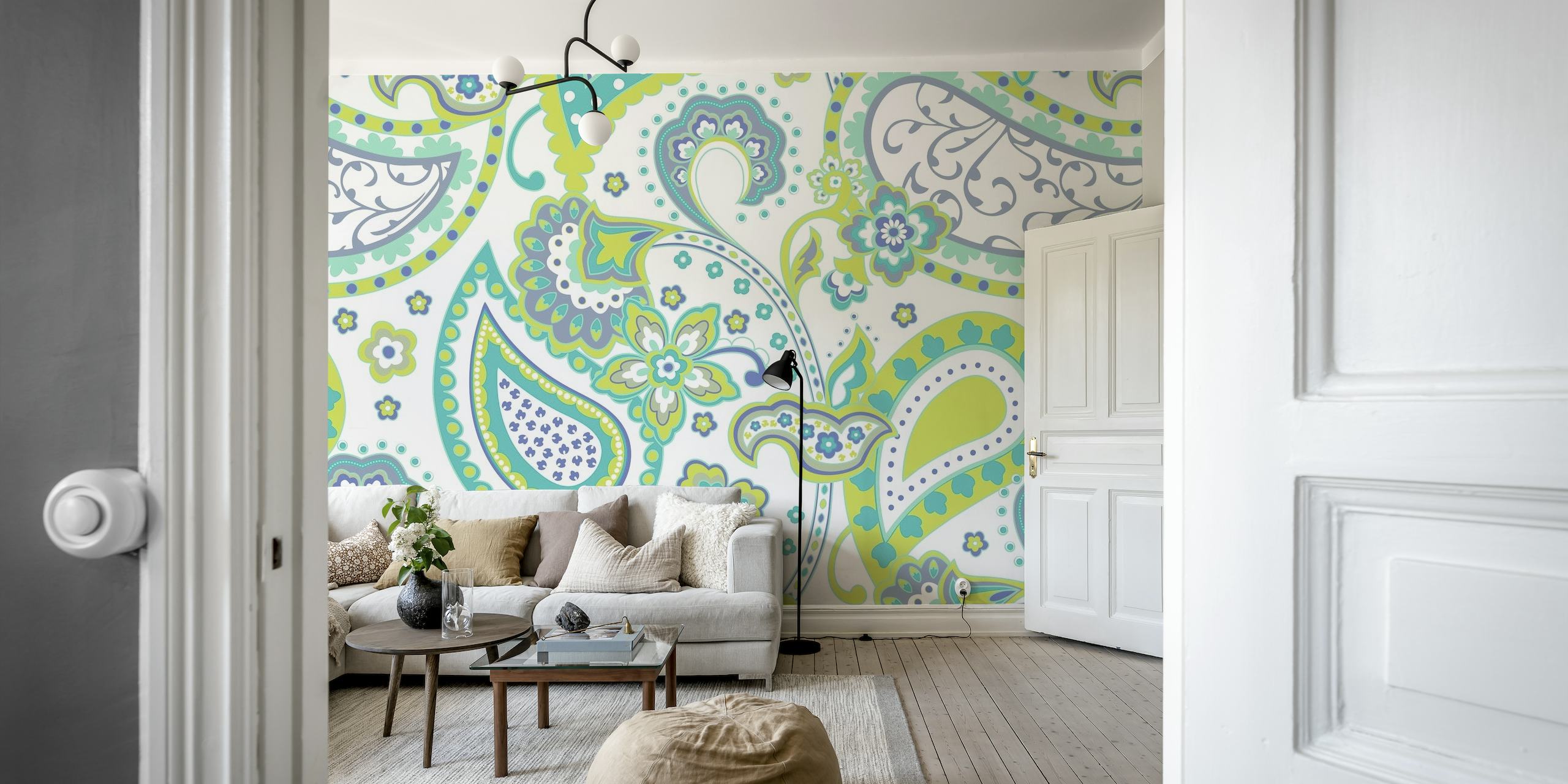 Paisley pattern wall mural in green, white, and blue