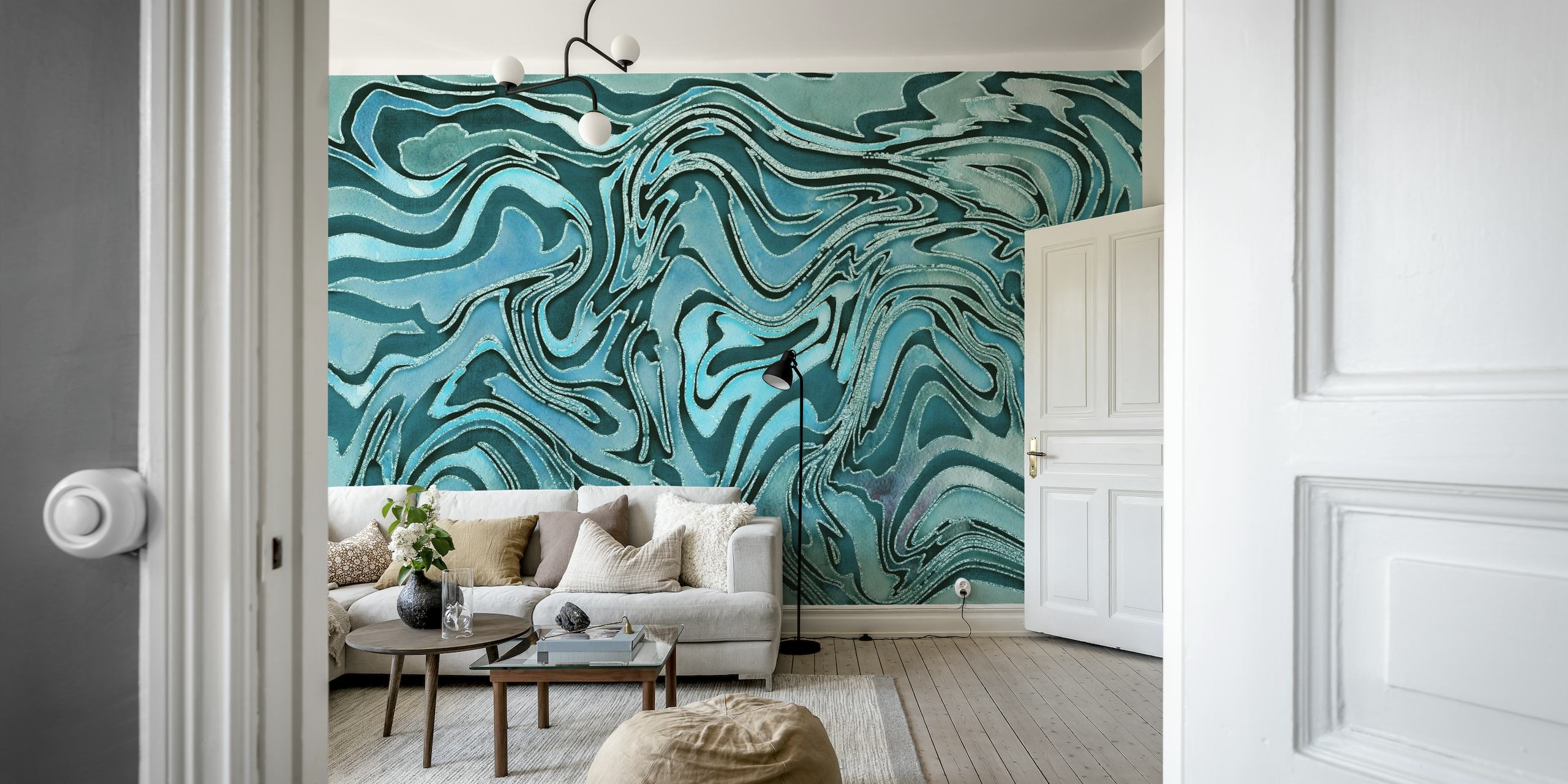 Liquid Teal apstraktni mramorni zidni mural s uskovitlanim uzorcima plavozelene i tirkizne boje koji podsjećaju na prirodni mramor