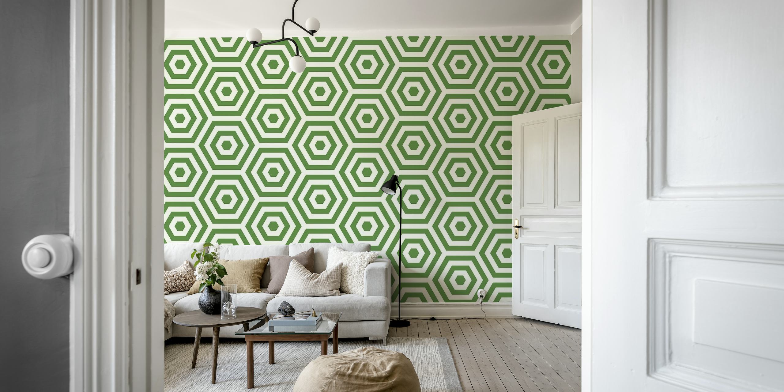 Green Beehive patterned wall mural with hexagonal shapes