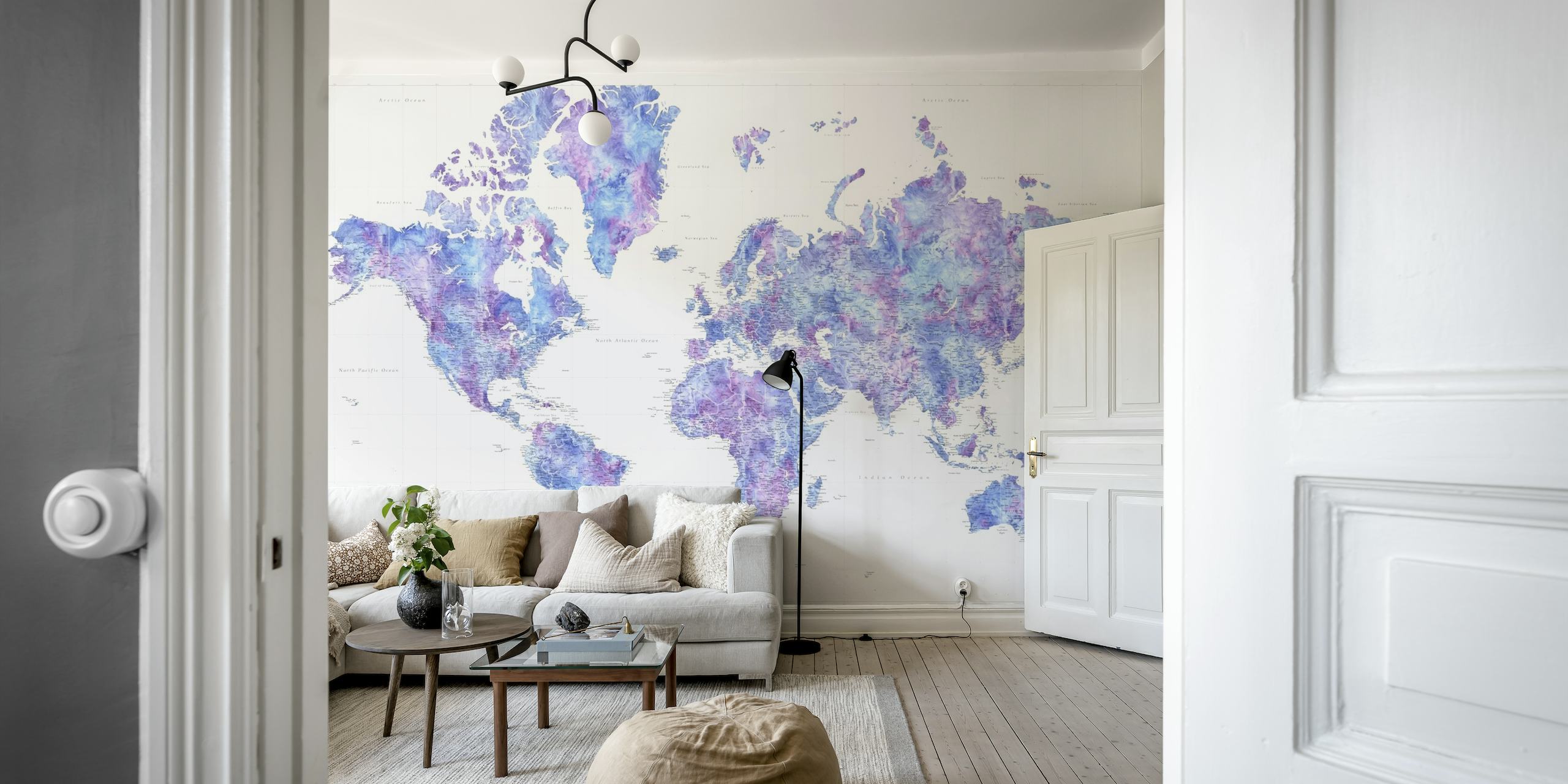 Wandbild mit farbenfroher Weltkarte und vielen Details