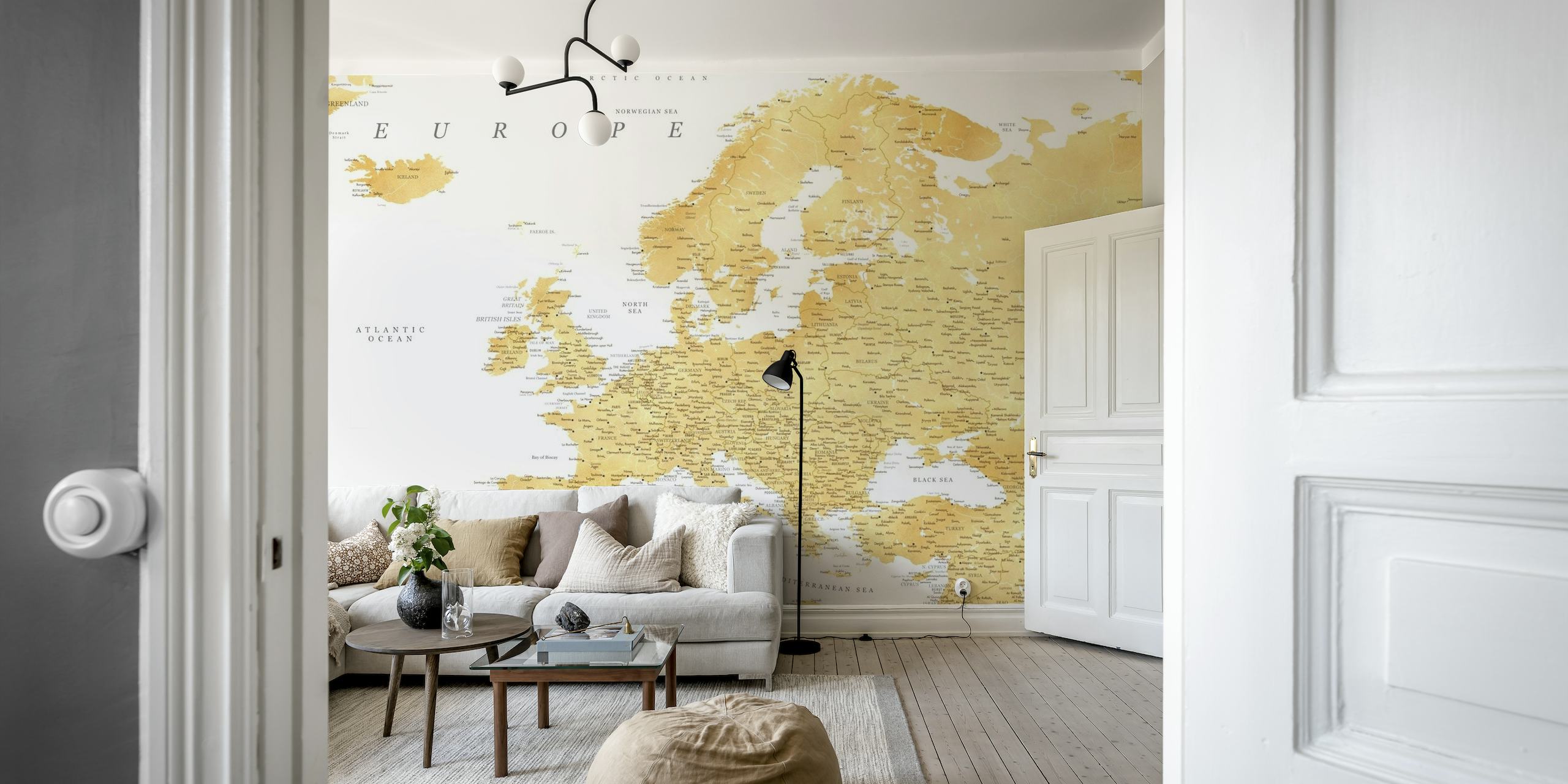 Sepia-tonad detaljerad karta över Europa väggmålning