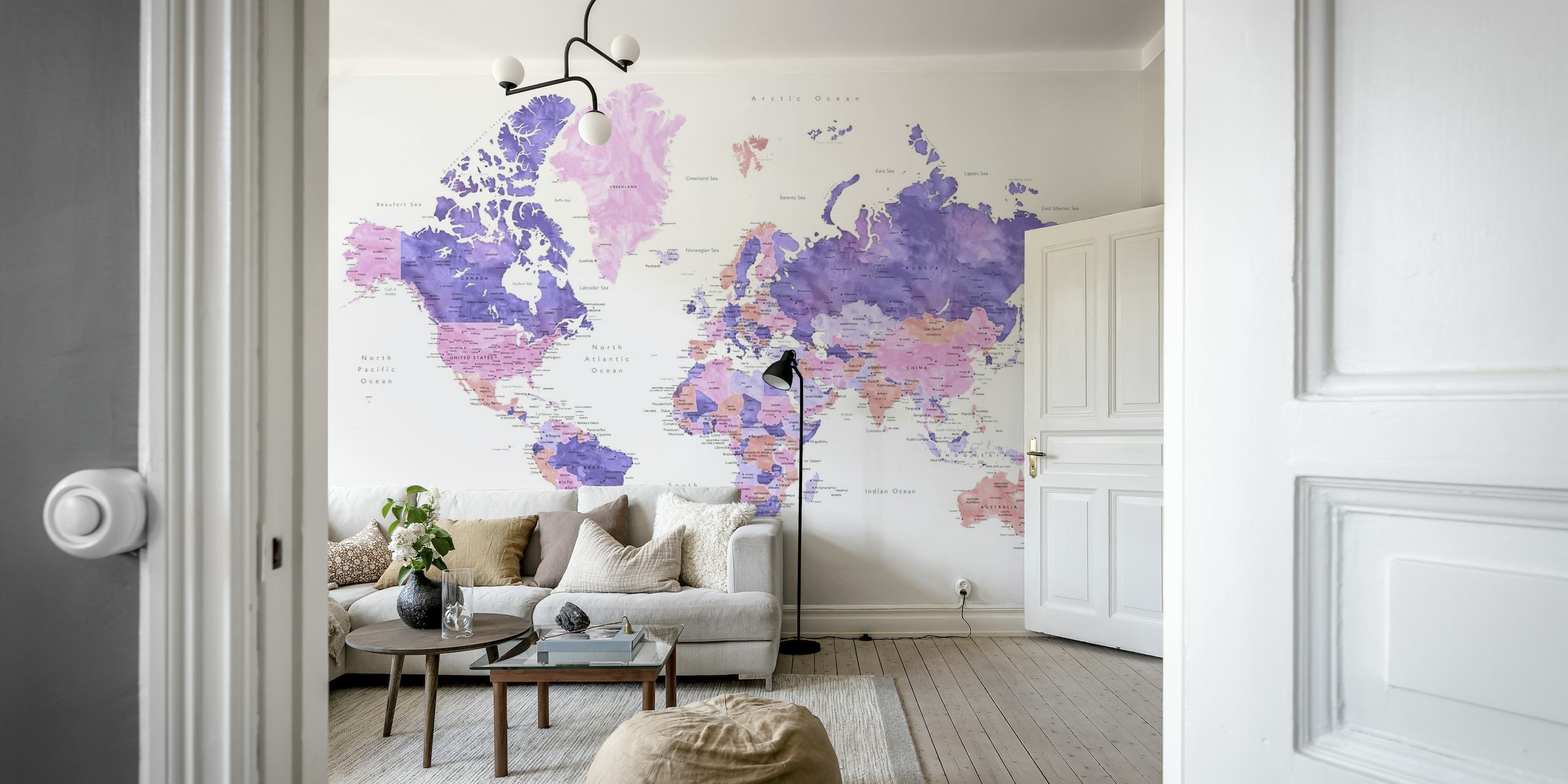 Künstlerische Brandie-Weltkarte mit Städten als Wandgemälde in leuchtenden Farben