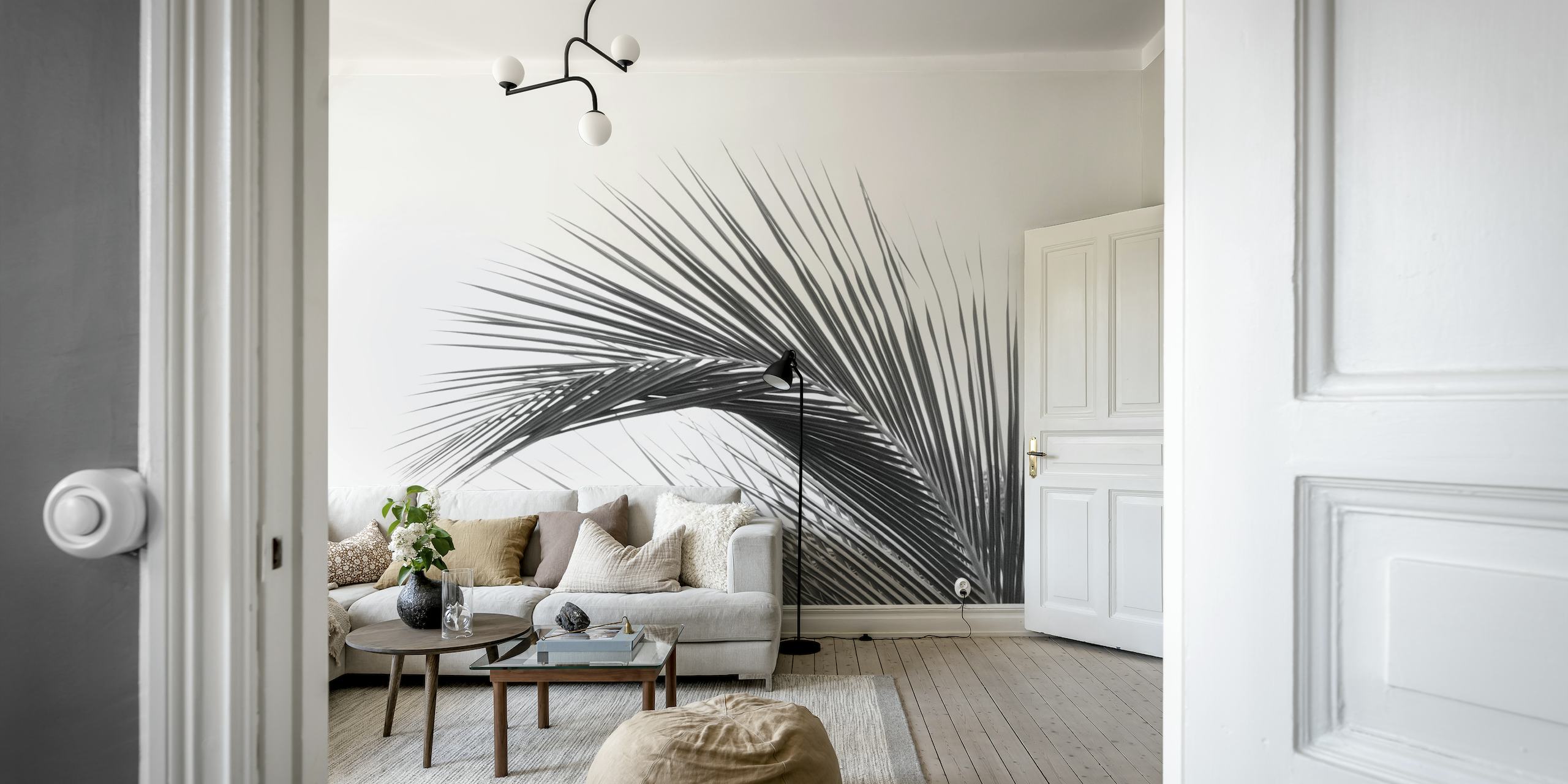 Monochrome minimalistic palm leaf wall mural for modern interiors