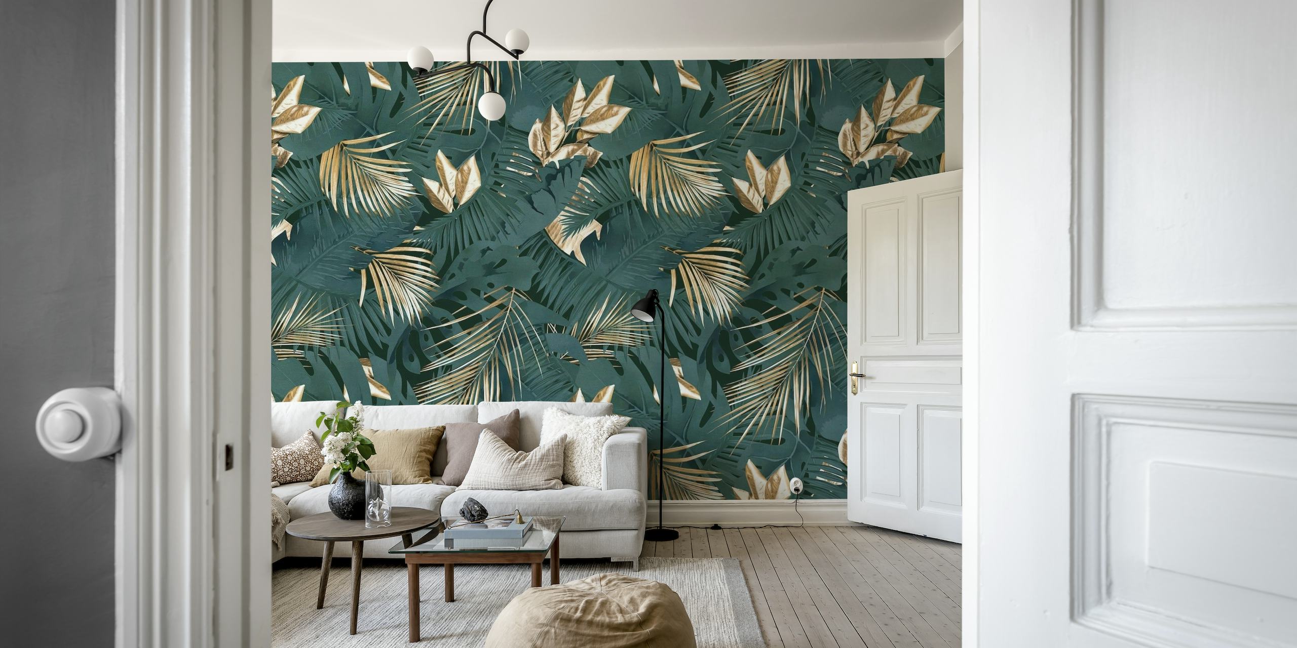 Dark-toned wall mural of jungle palm leaves in a rich glamour style